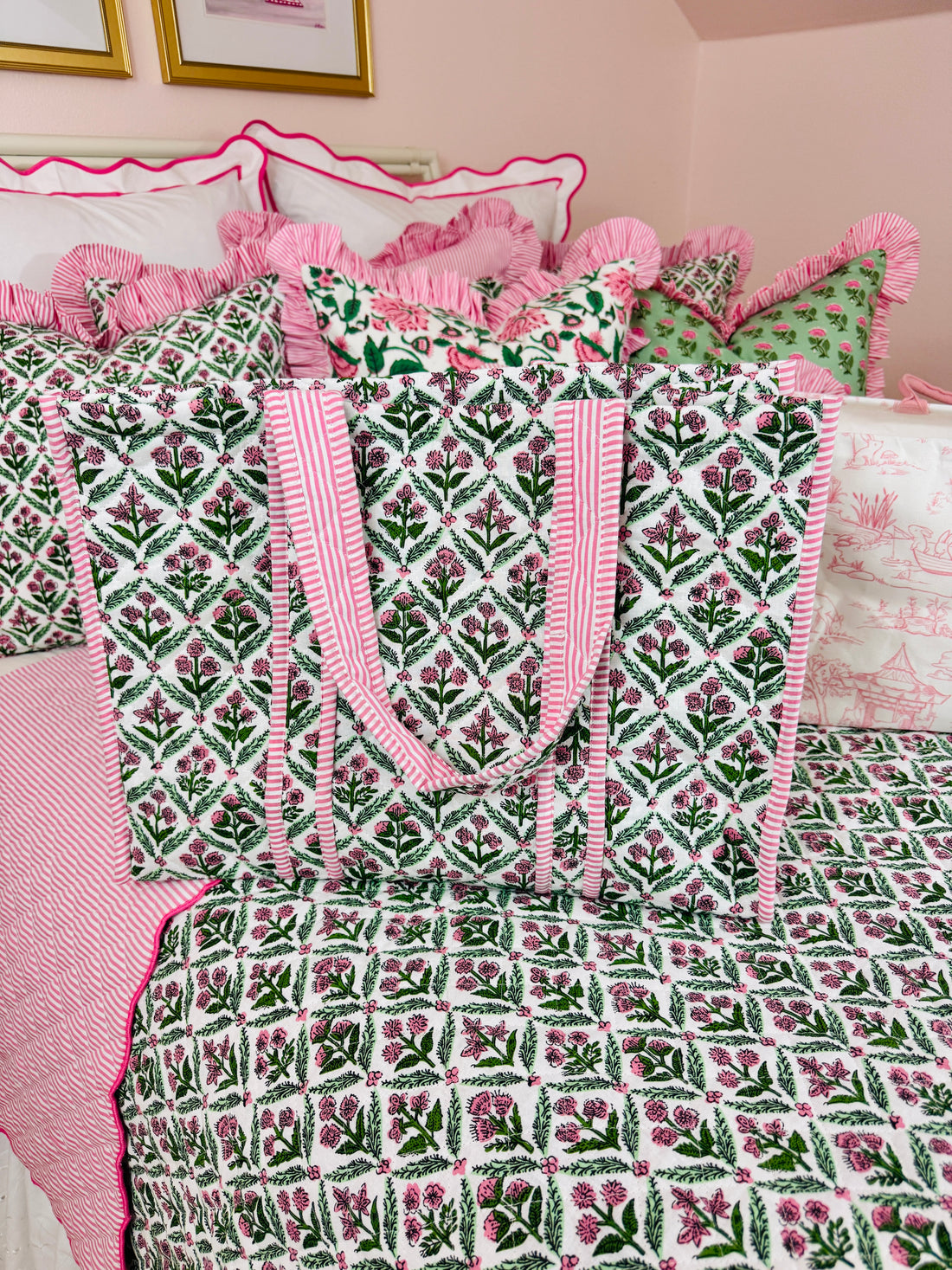 Pink and green quilted block print oversized tote bag monogram available