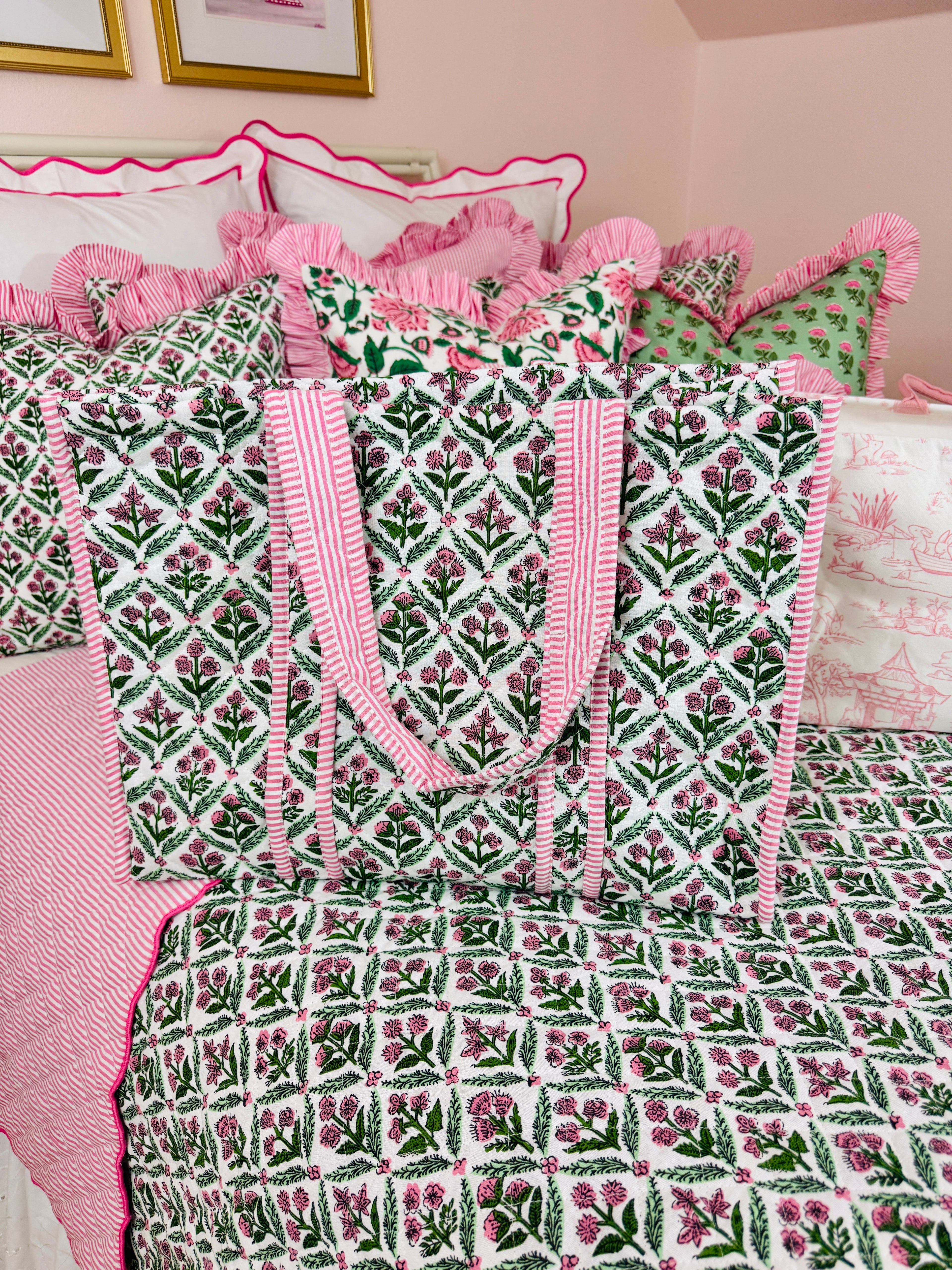 Pink and green quilted block print oversized tote bag monogram available