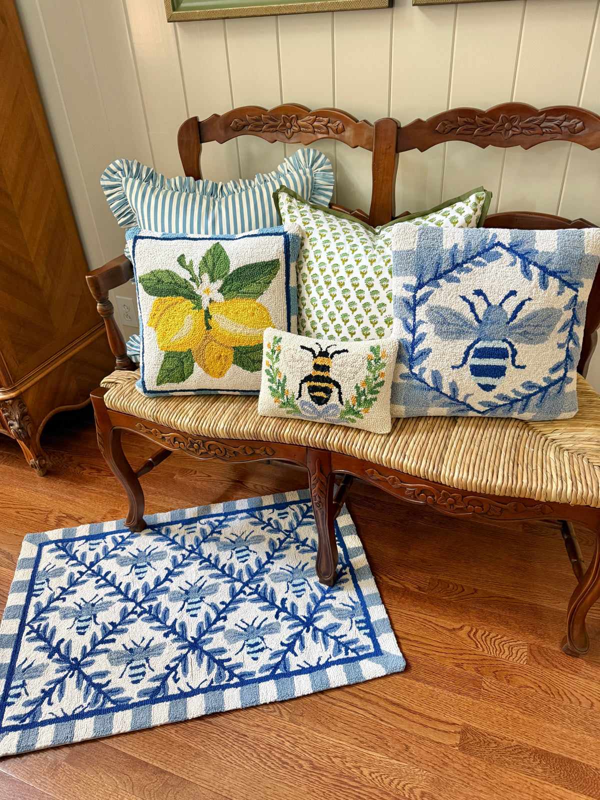 Blue and white bee and gingham hand hooked pillow