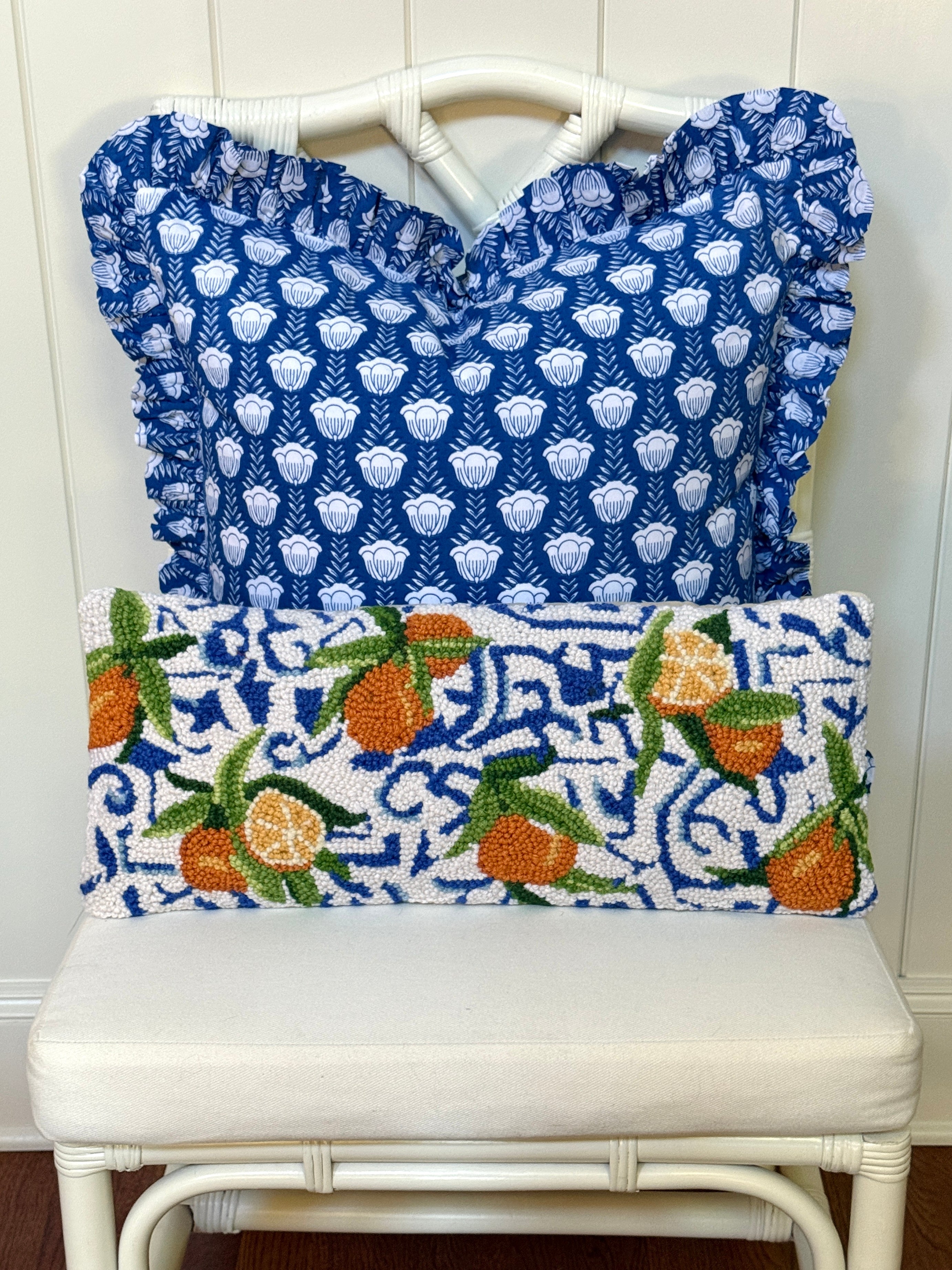 Blue and white tulip block print floral pillow cover, monogram available