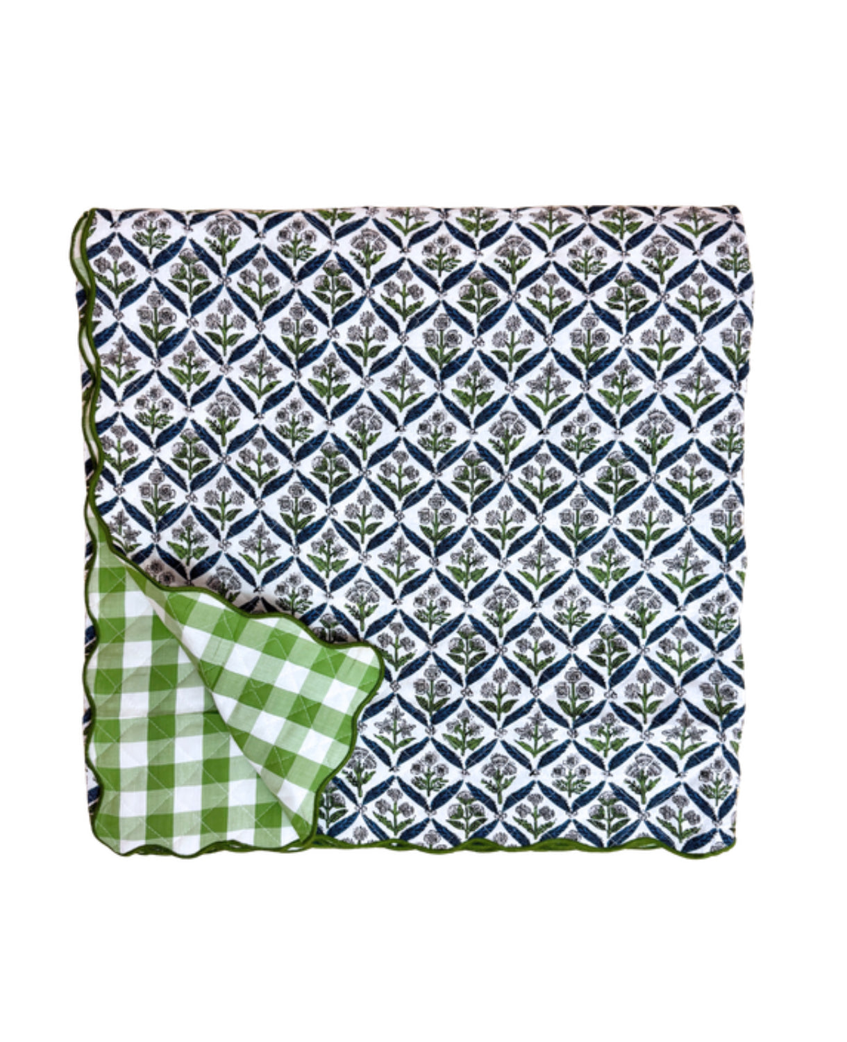 Blue and green floral trellis block print bedding collection