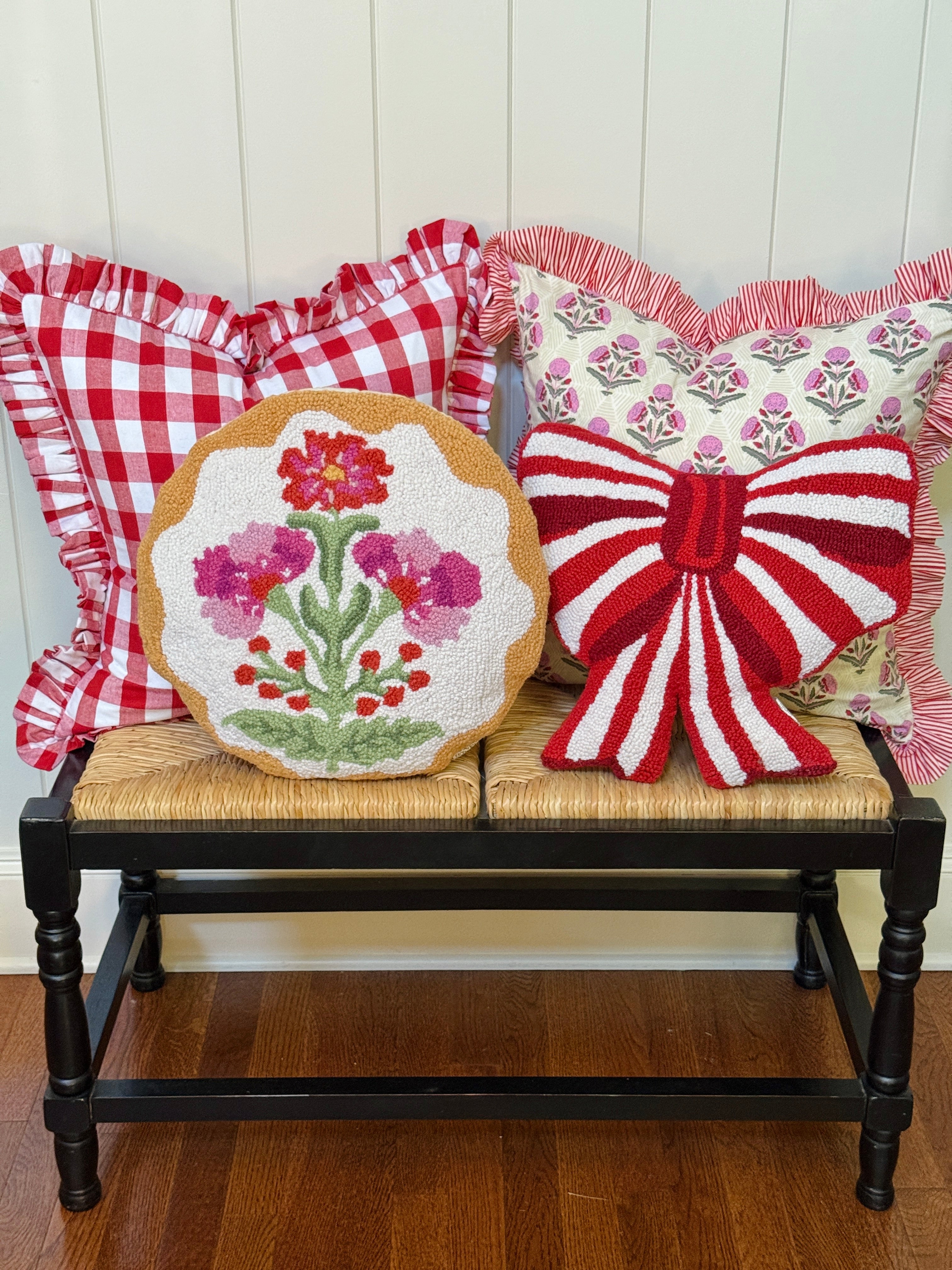 Red striped hand hooked bow pillow