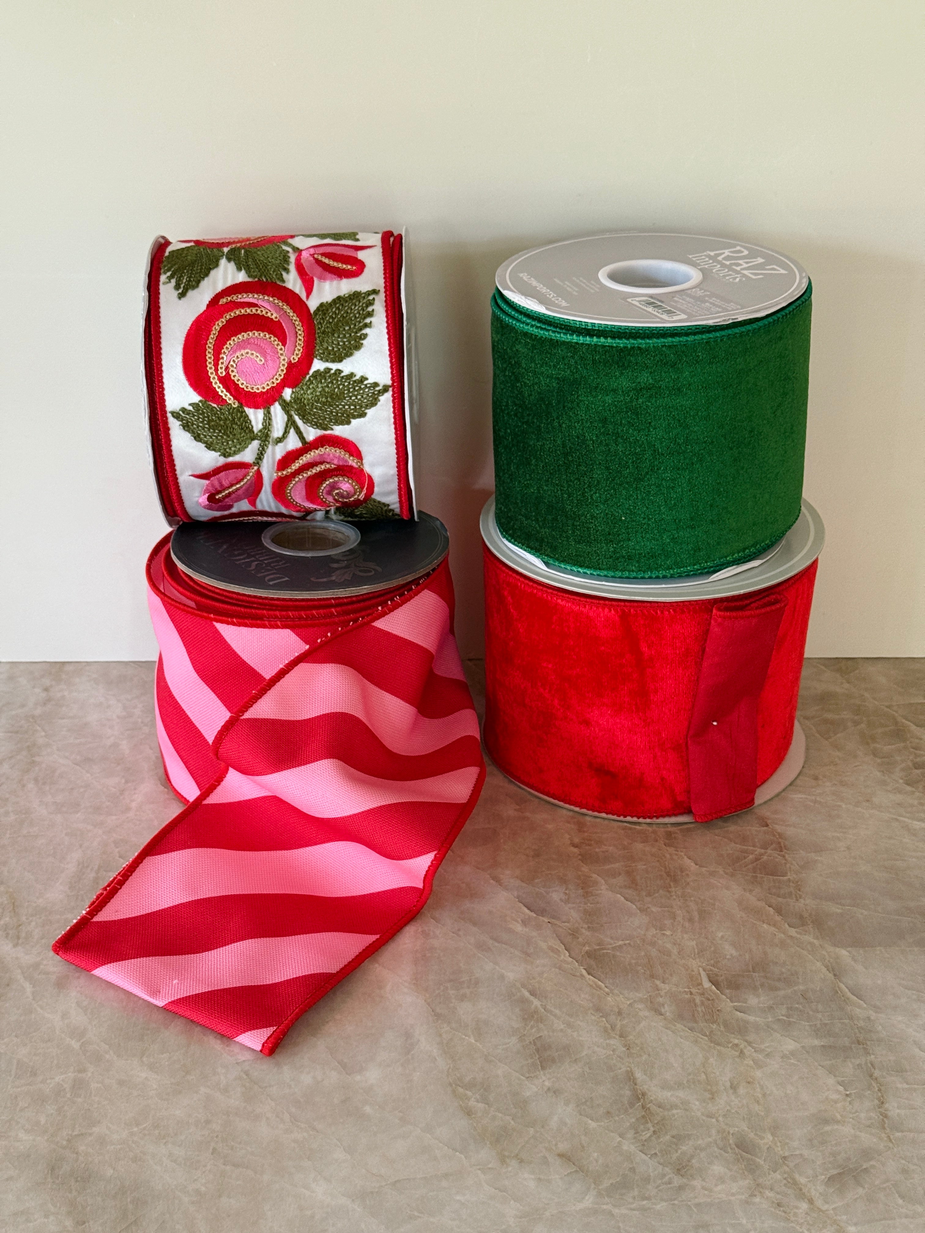 Pink and red diagonal striped ribbon by the roll, 4”x10 yards