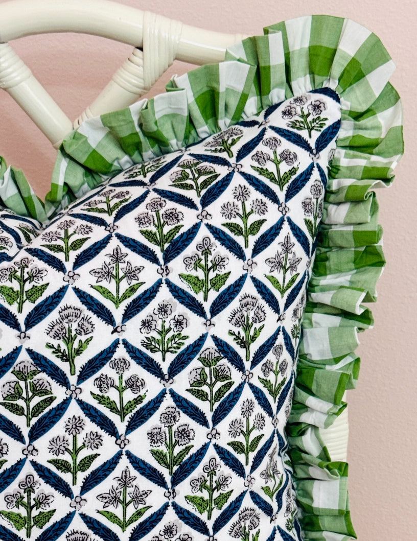 Blue and green floral trellis block print bedding collection