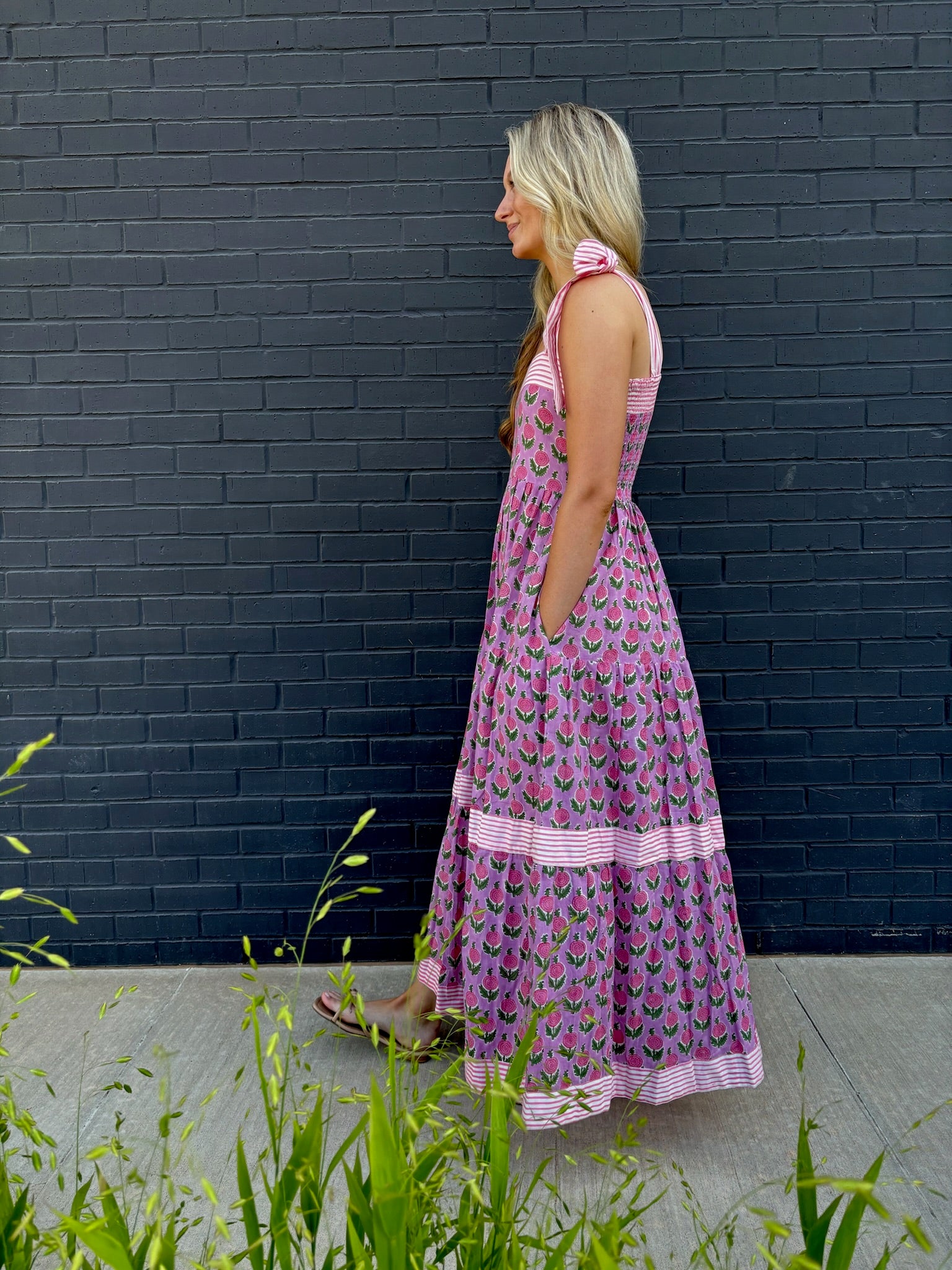 Maisie Maxi Dress in Pink Posy block print