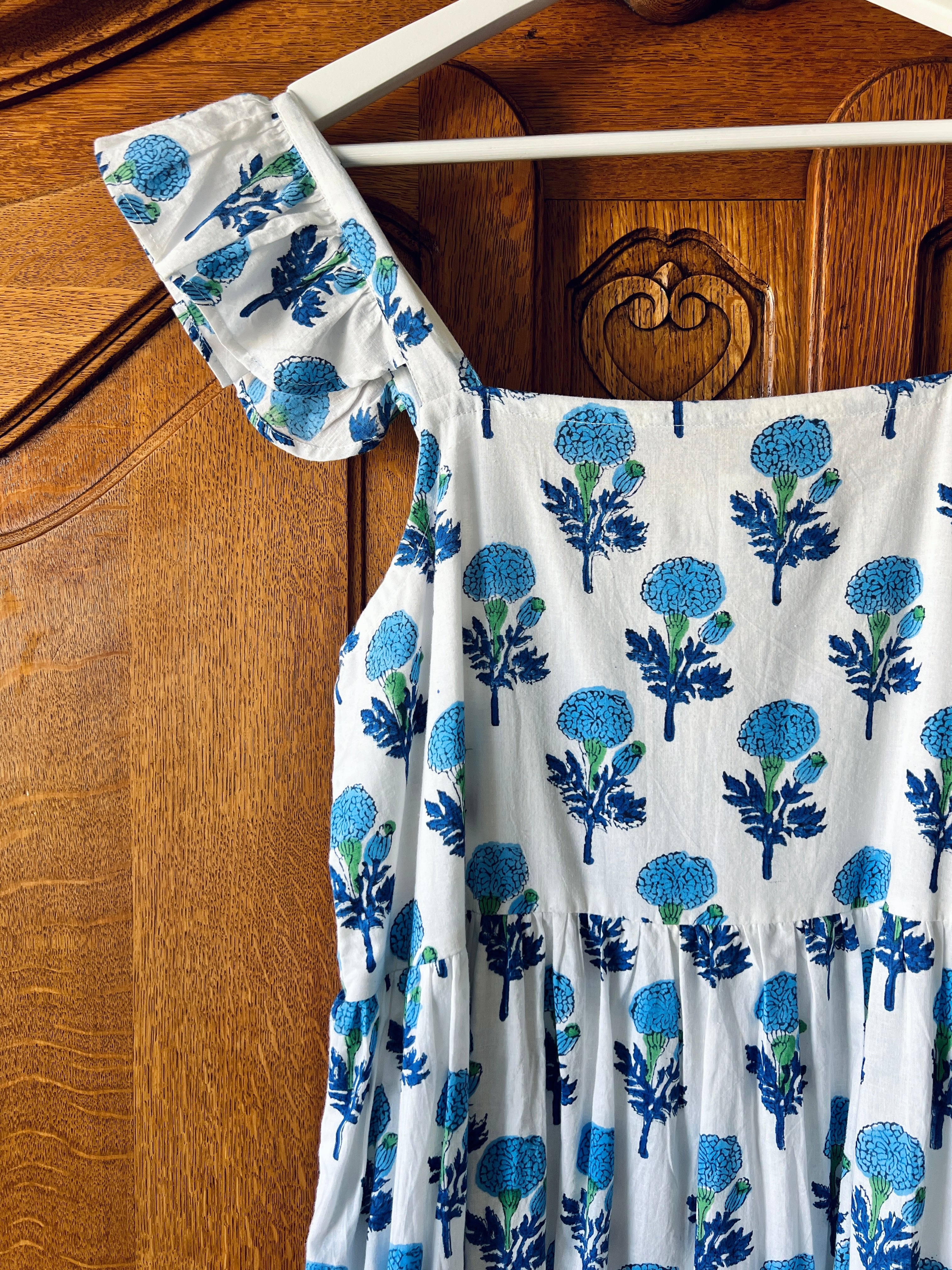 Blue and white blossom ruffle shoulder maxi sundress
