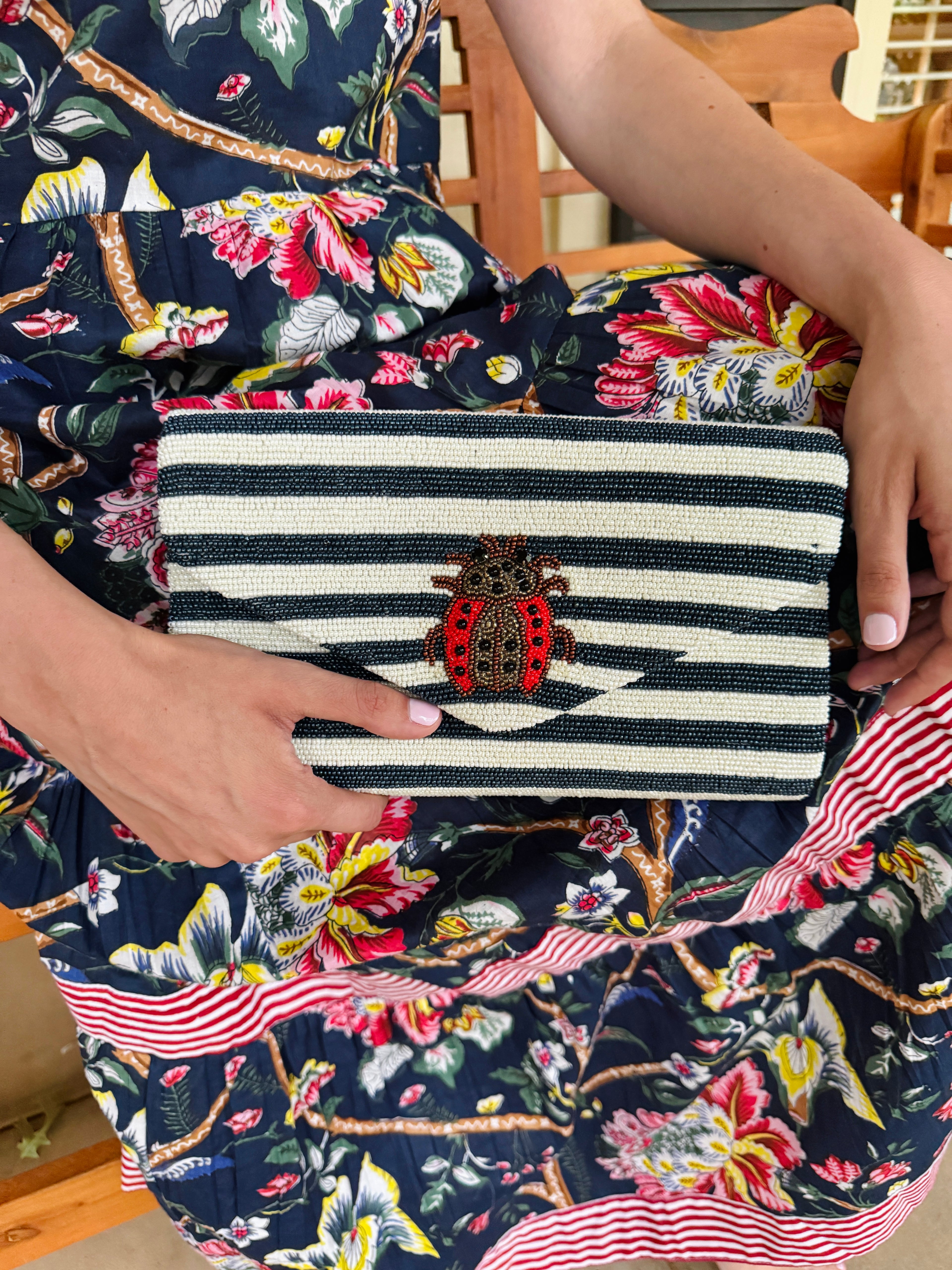 Hand beaded striped ladybug clutch