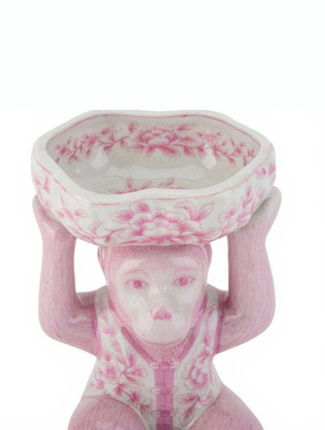 Pink porcelain chinoiserie monkey with lotus bowl