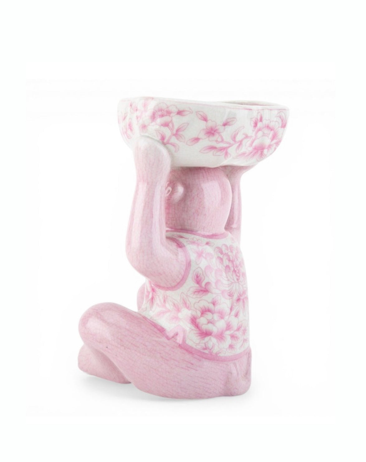 Pink porcelain chinoiserie monkey with lotus bowl