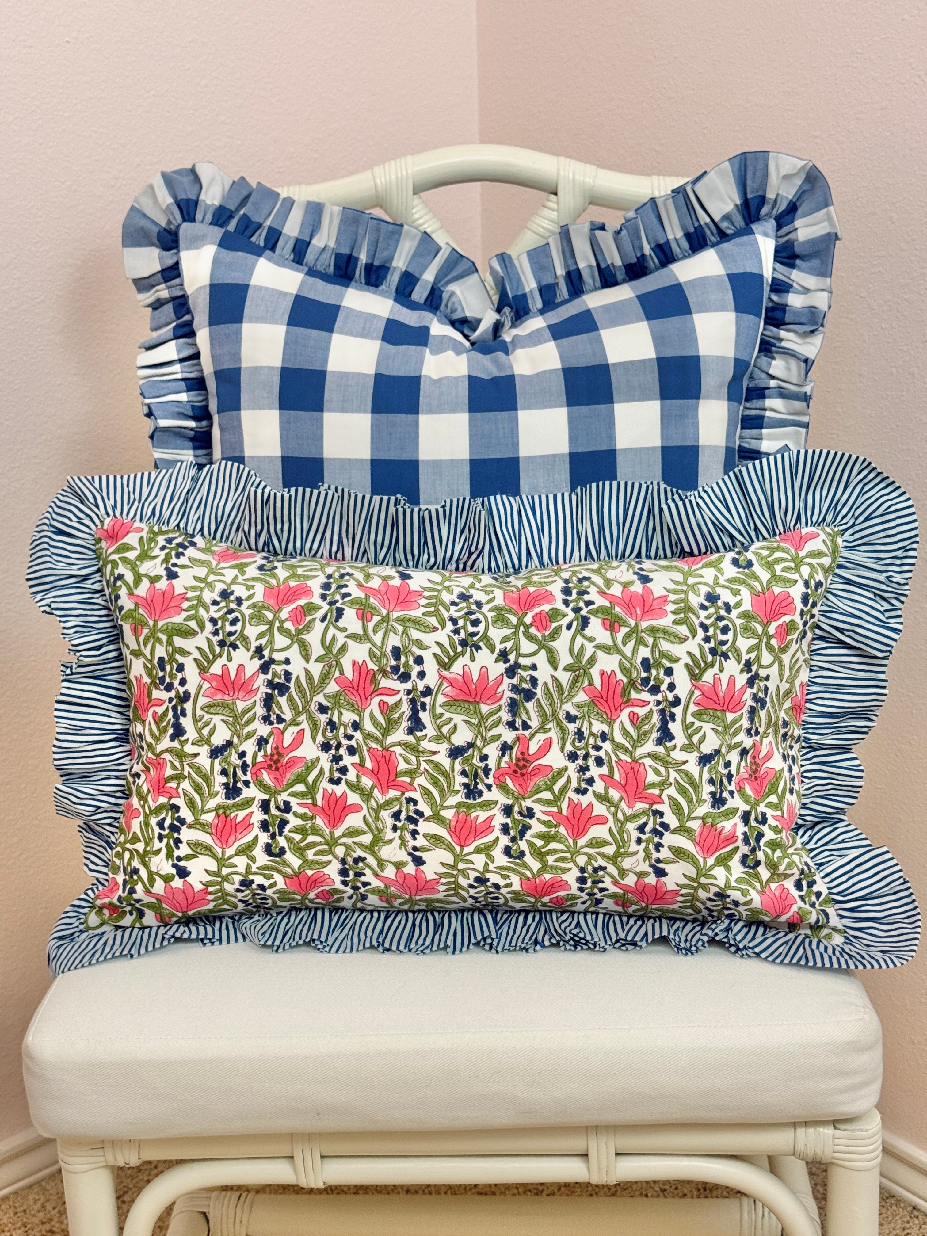 Blue buffalo check ruffle pillow cover