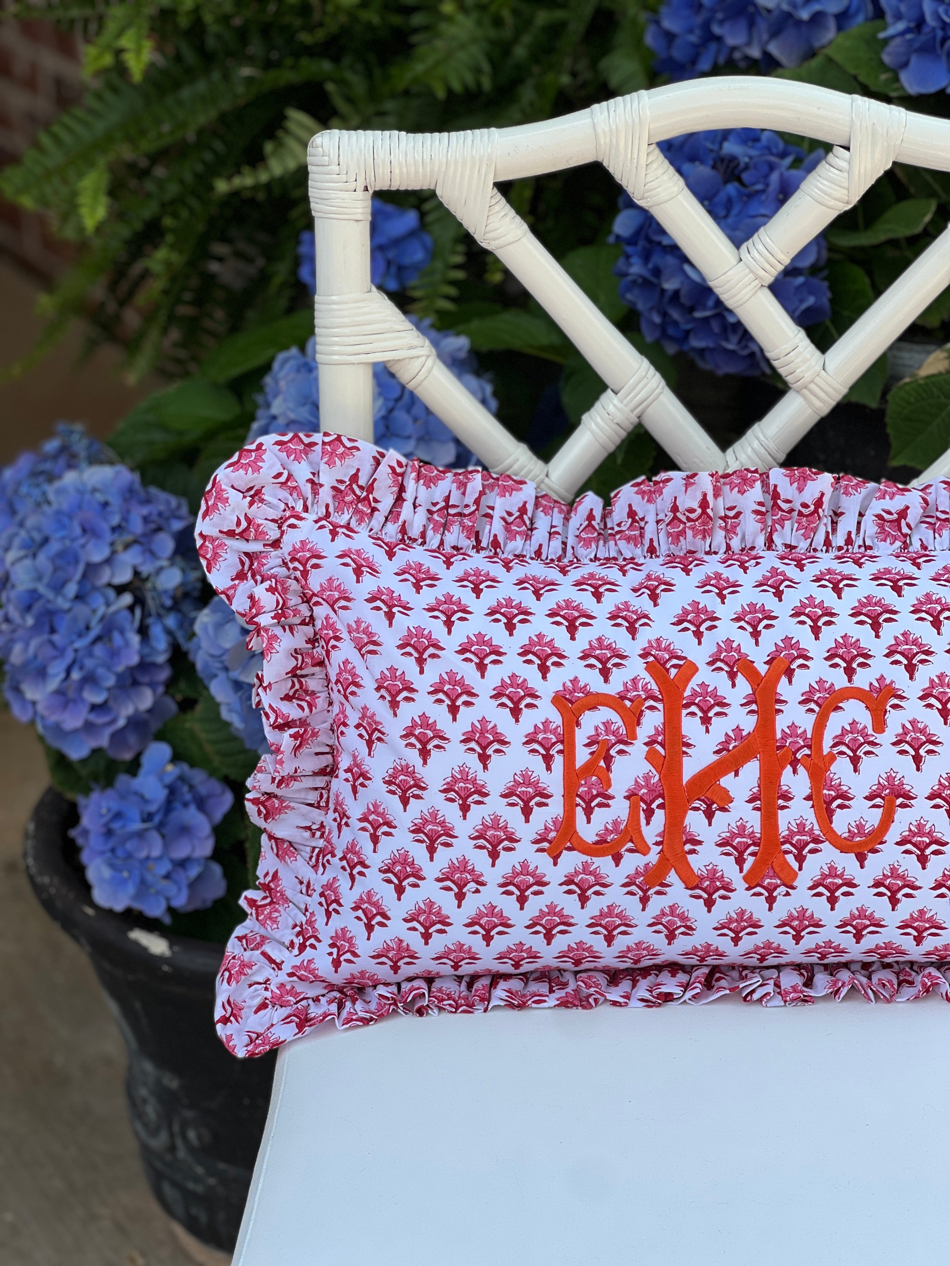 Red and pink block print pillow cover