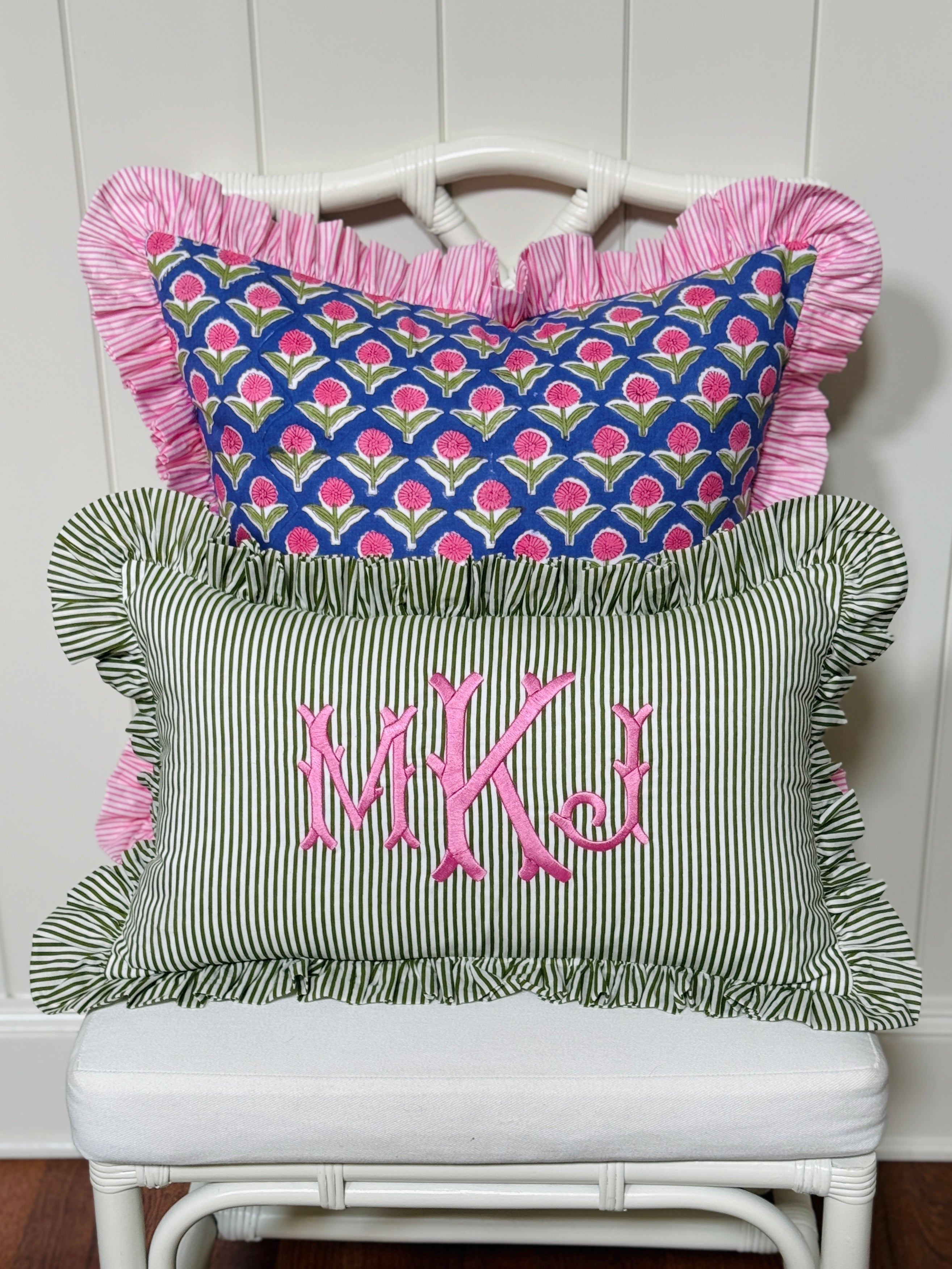 Violet and pink block print floral pillow cover, monogram available