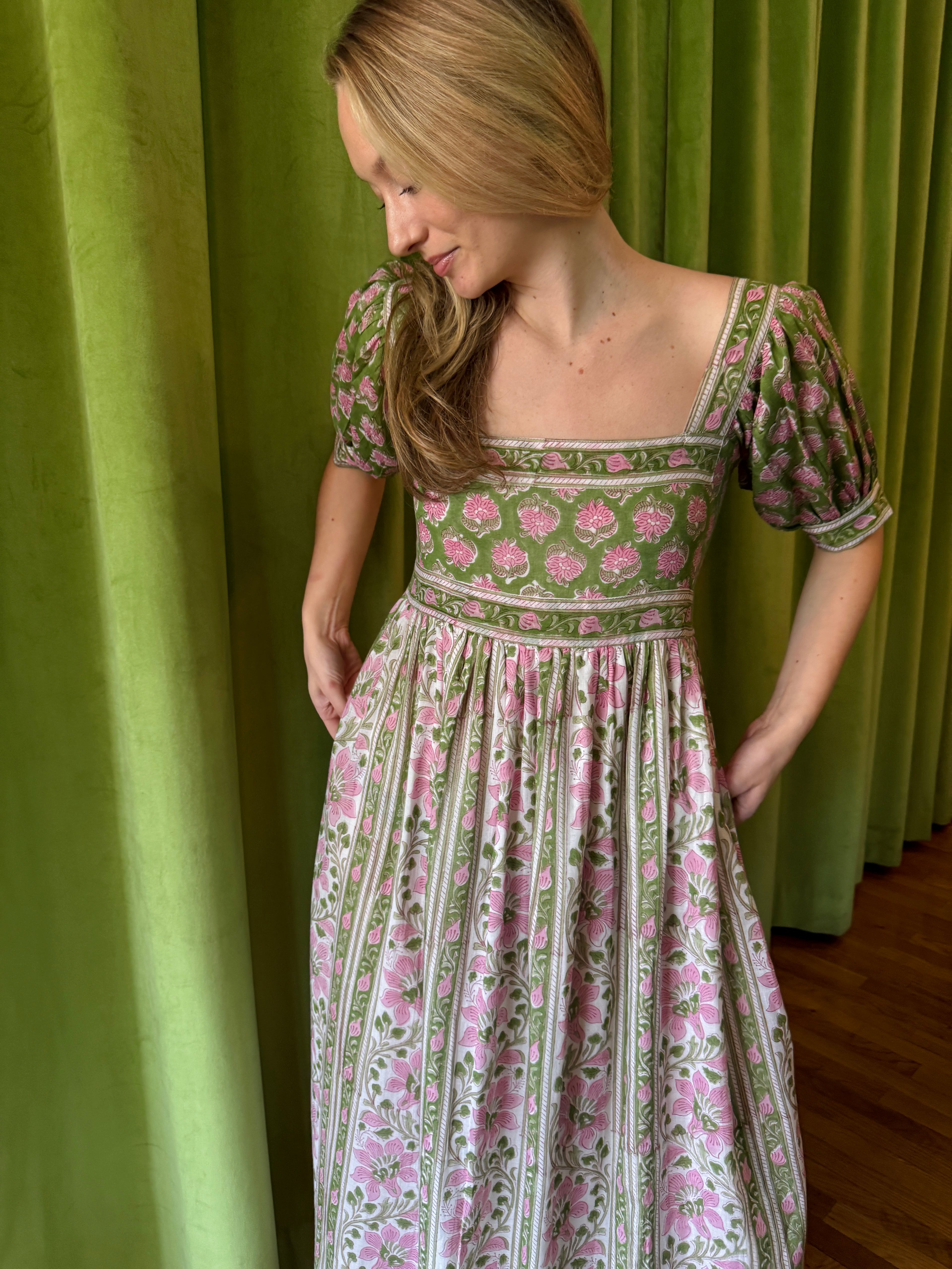 Lottie dress with puff sleeves in pink and green