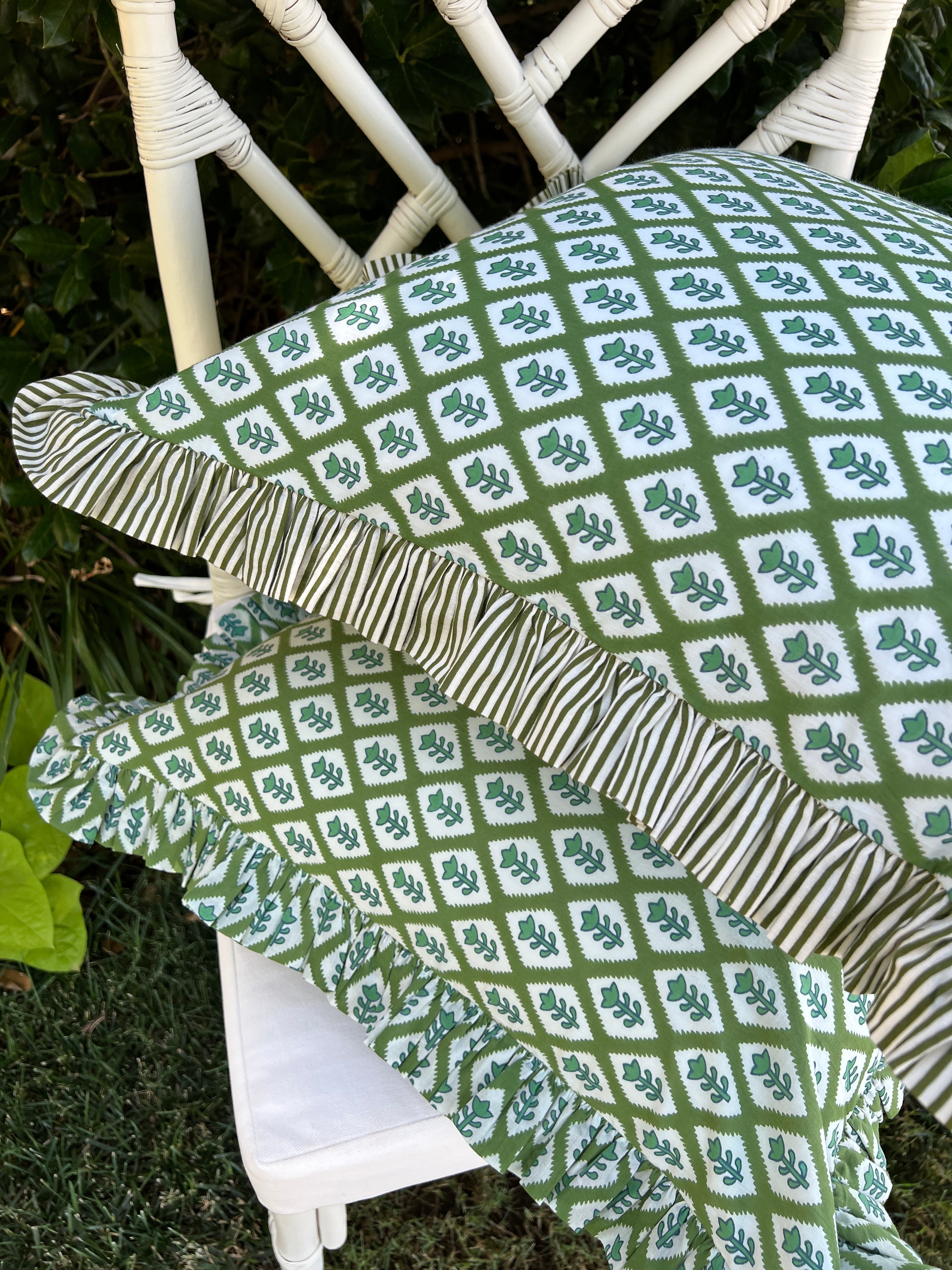 Green block print pillow cover with ruffle flange