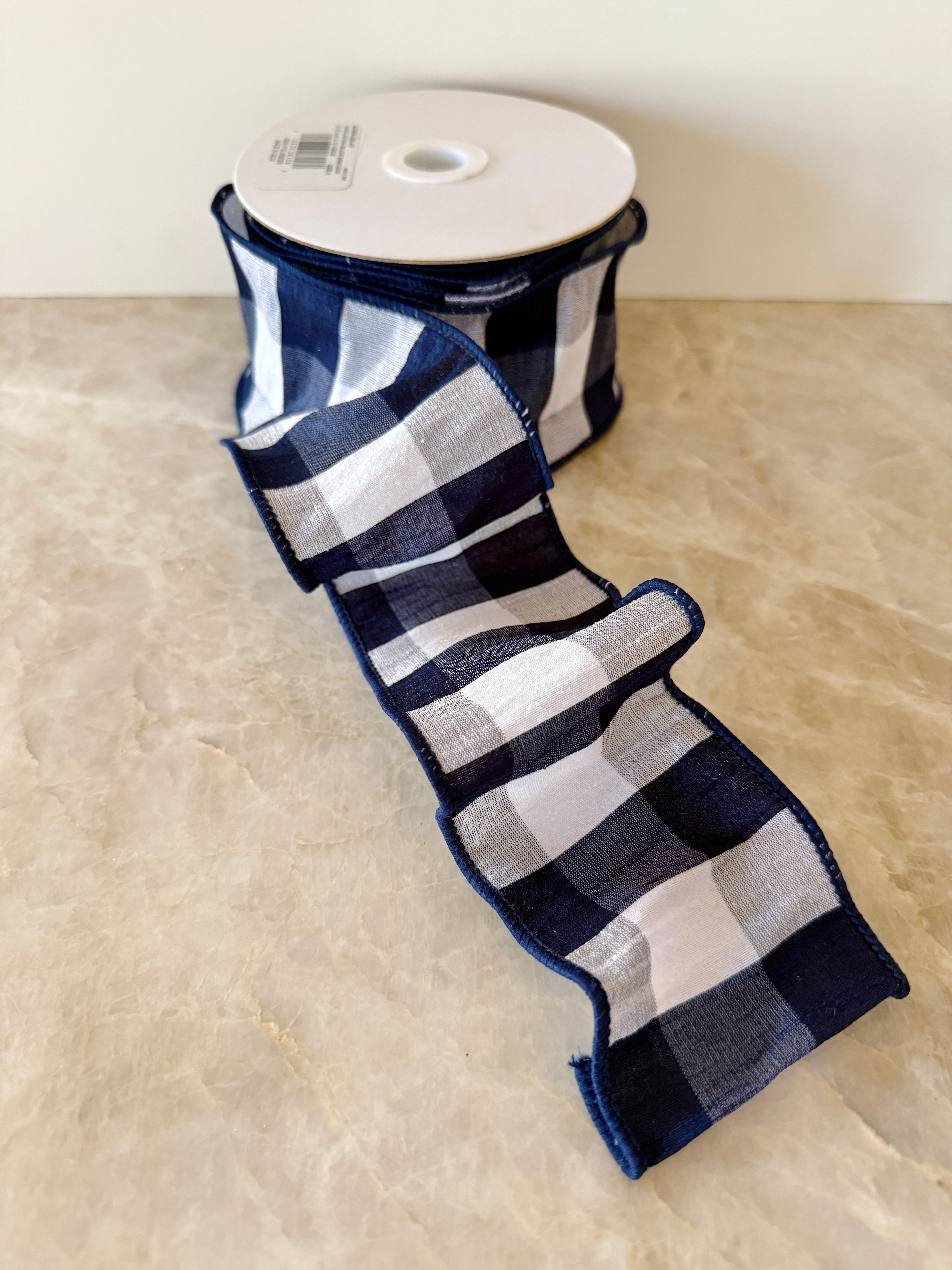 Navy dupioni check ribbon by the roll 2.5” x 10 yards