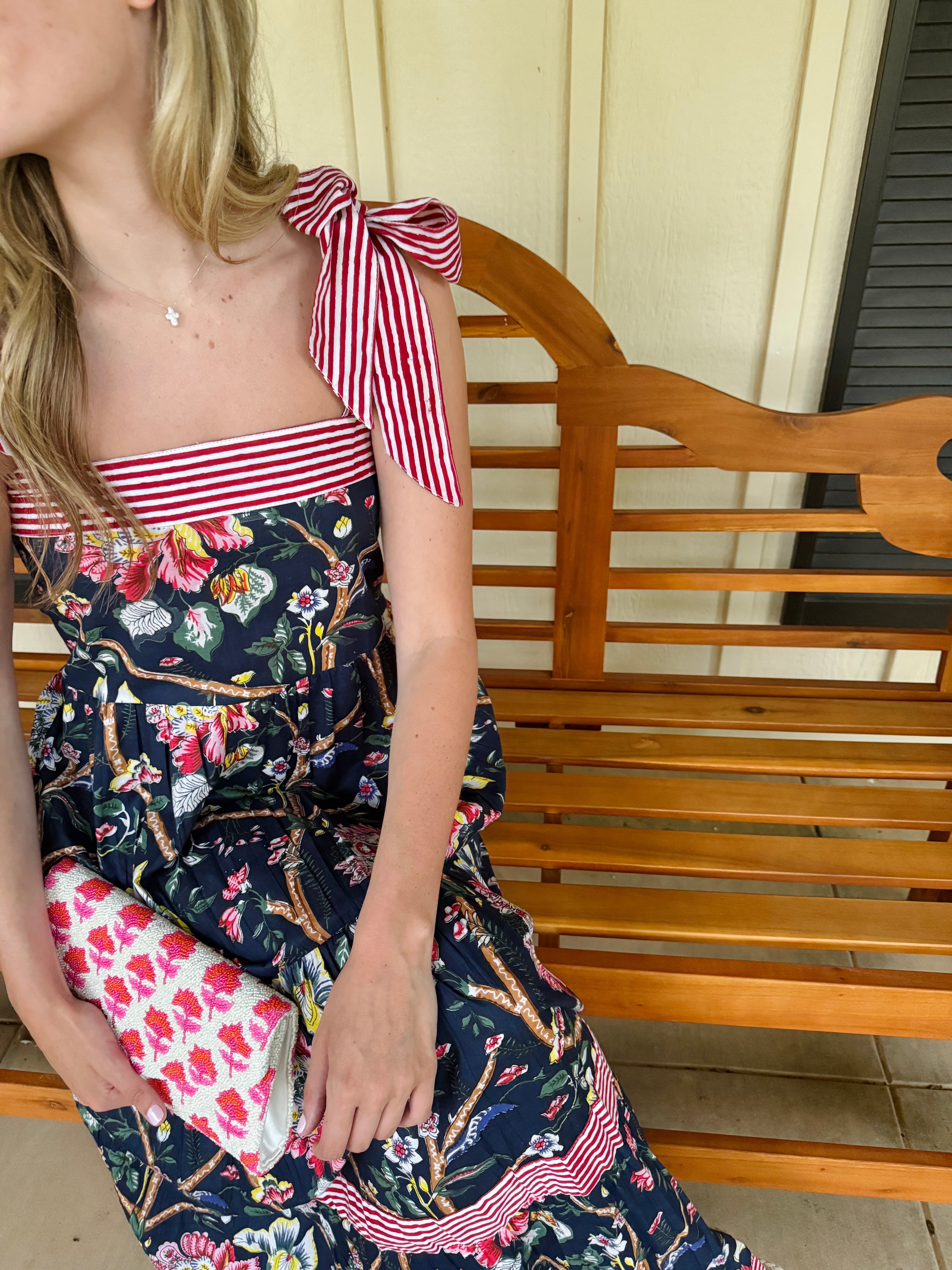 Maisie Maxi Dress in Navy English Floral block print