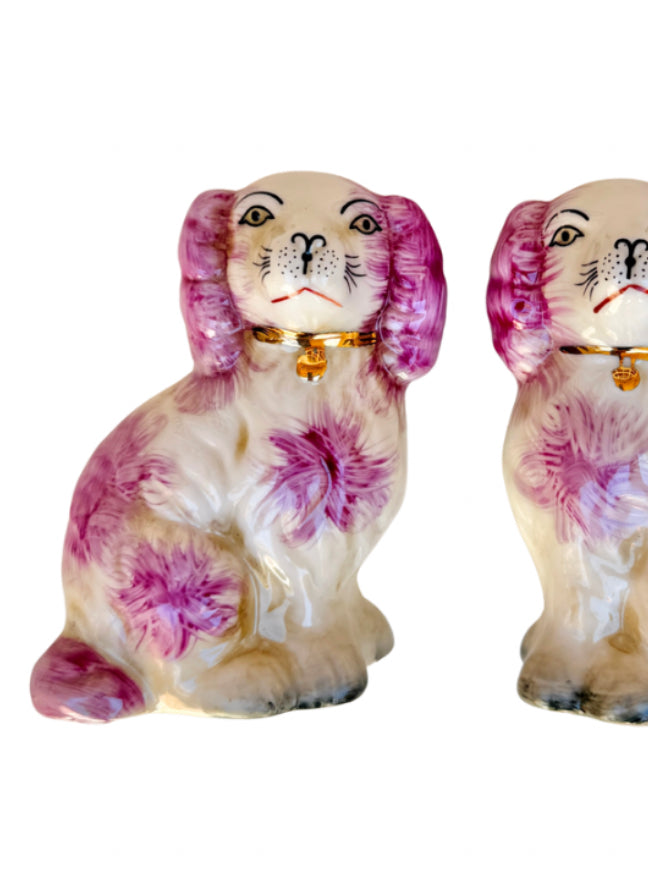 Mini pink porcelain Staffordshire dog figurine pair