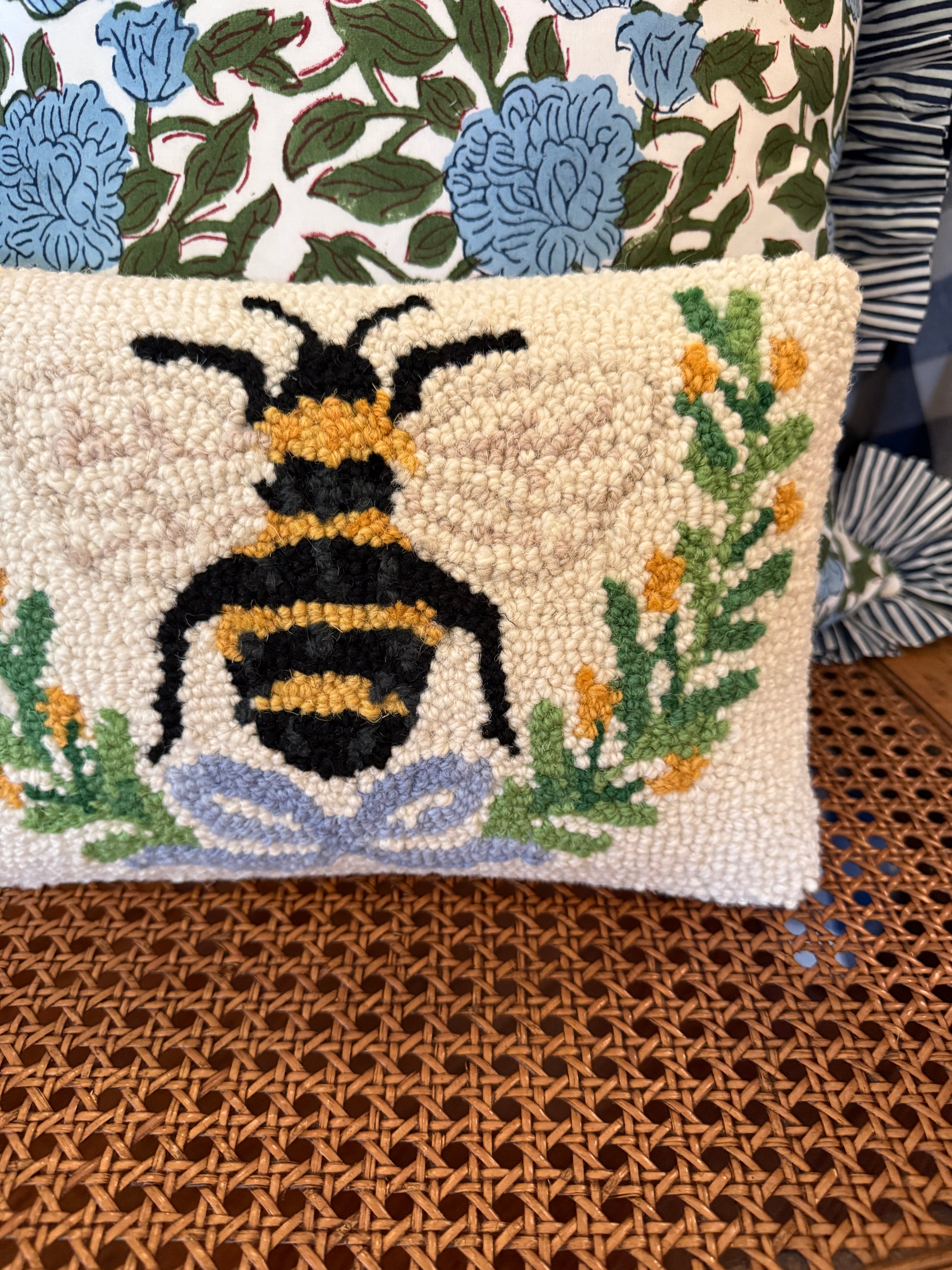 The cutest little hand hooked bee pillow