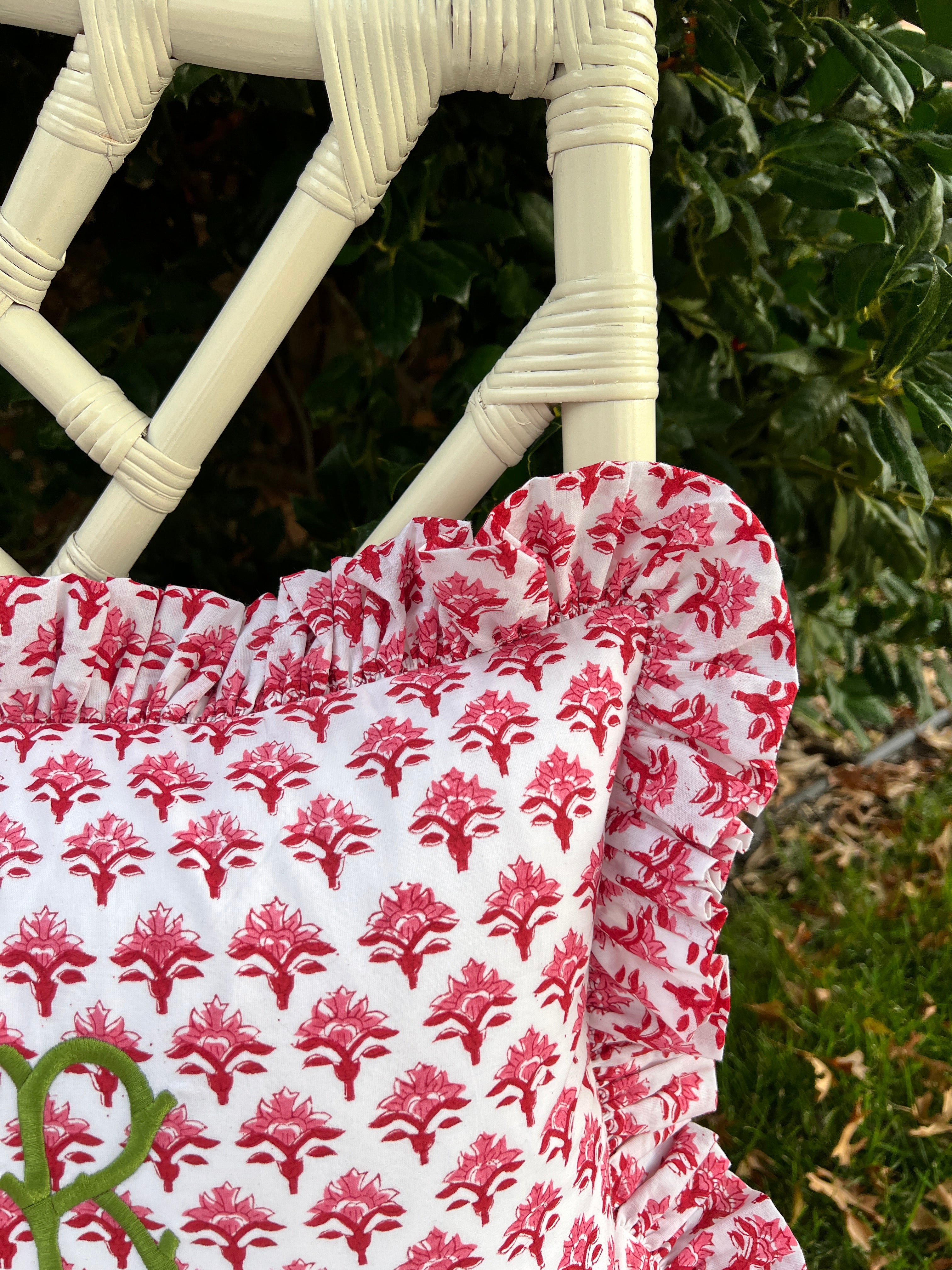 Red and pink block print pillow cover