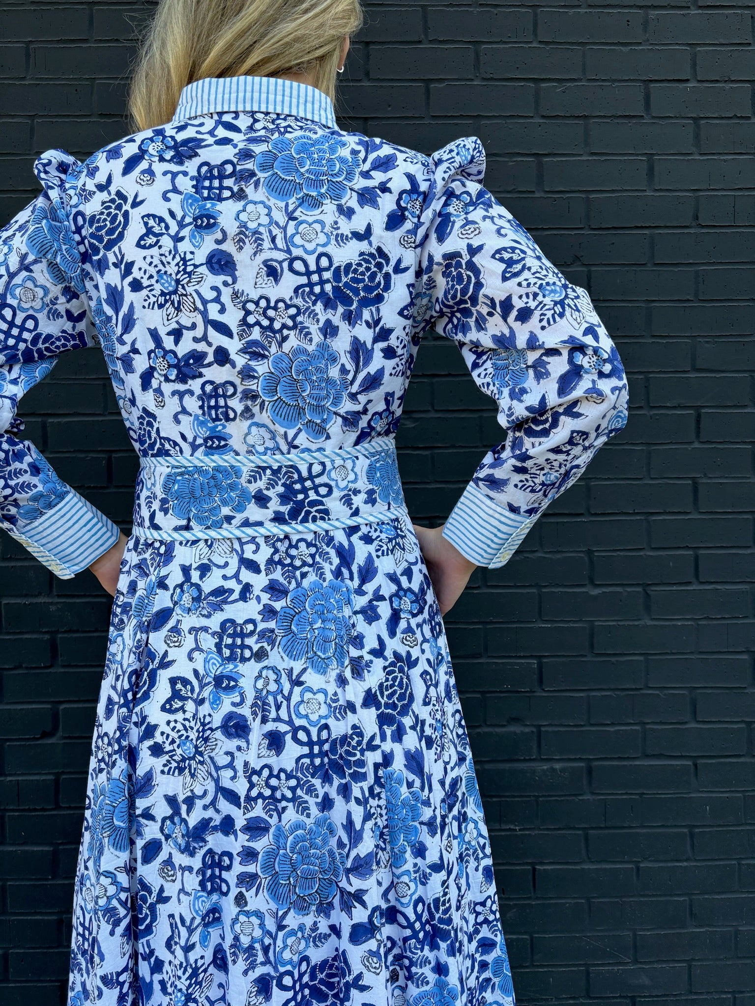 The Mary maxi shirtdress in blue and white porcelain block print