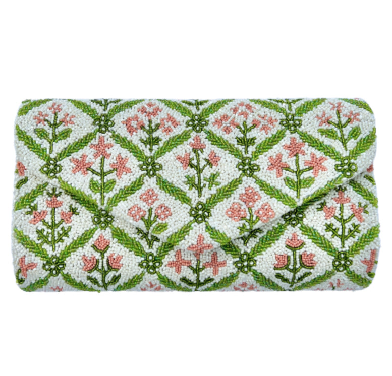 Hand beaded pink and green block print floral clutch