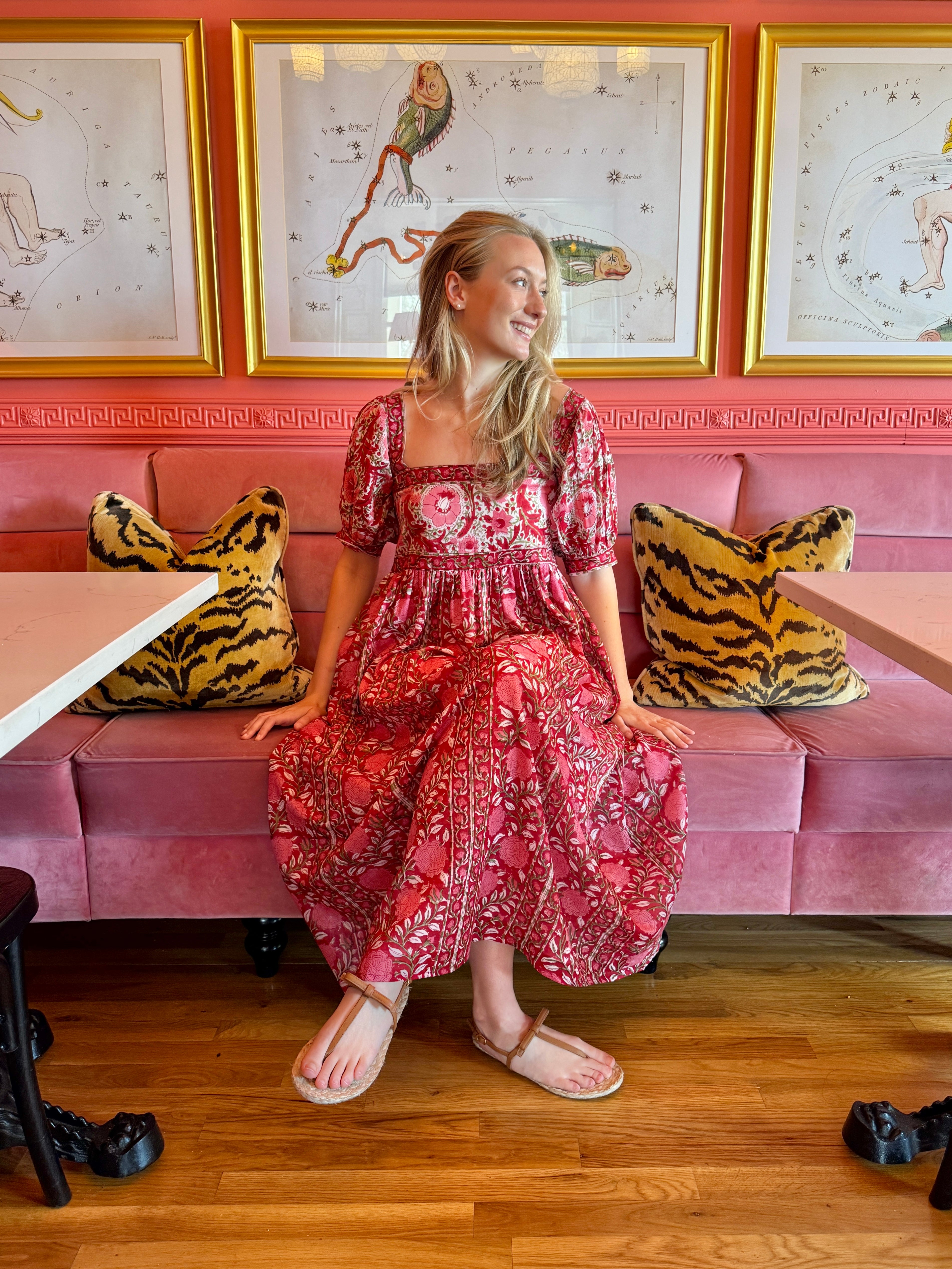 Lottie dress with puff sleeves in red and pink