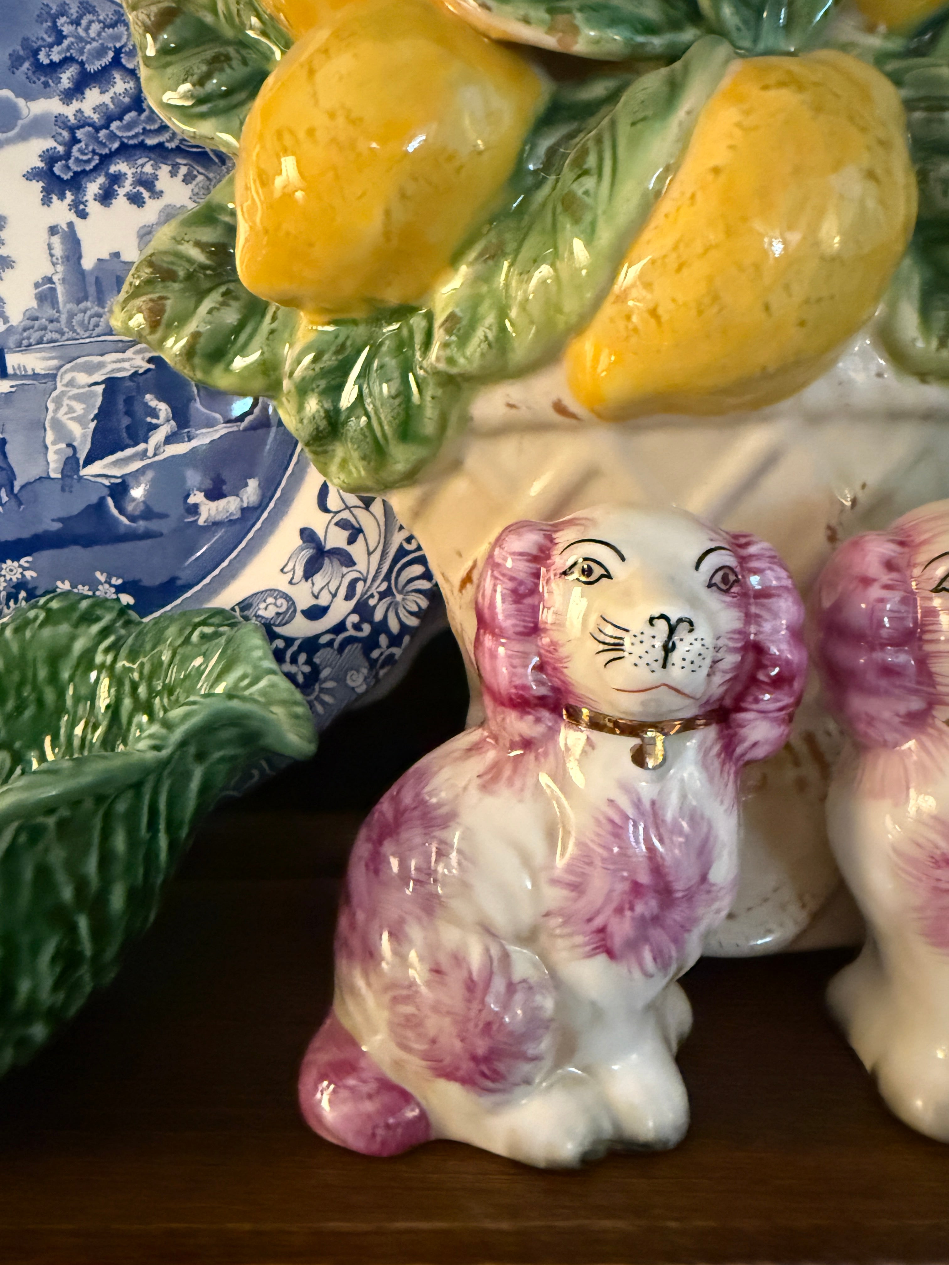 Mini pink porcelain Staffordshire dog figurine pair