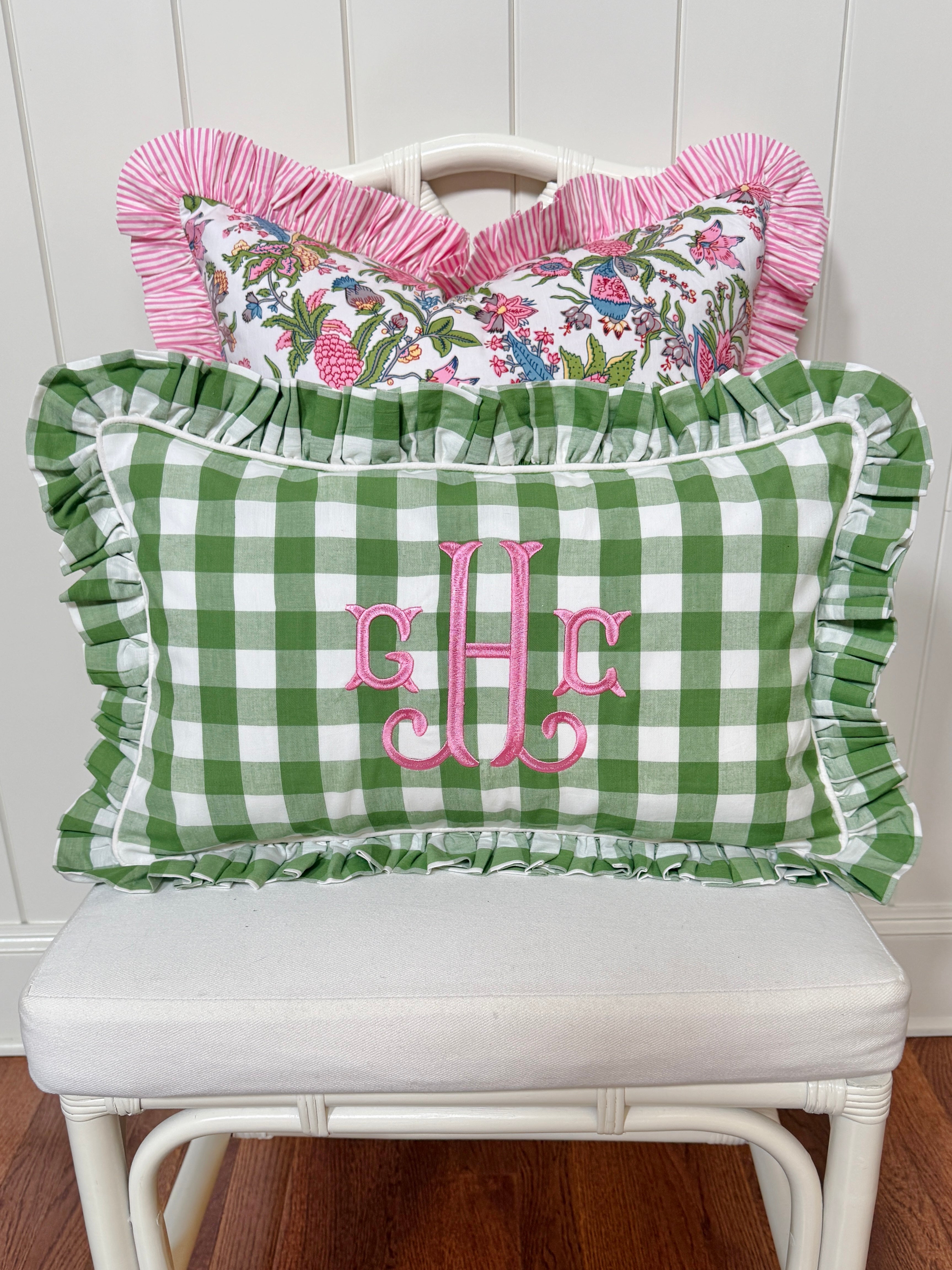 Fern green check pillow cover with ruffle trim, monogram available