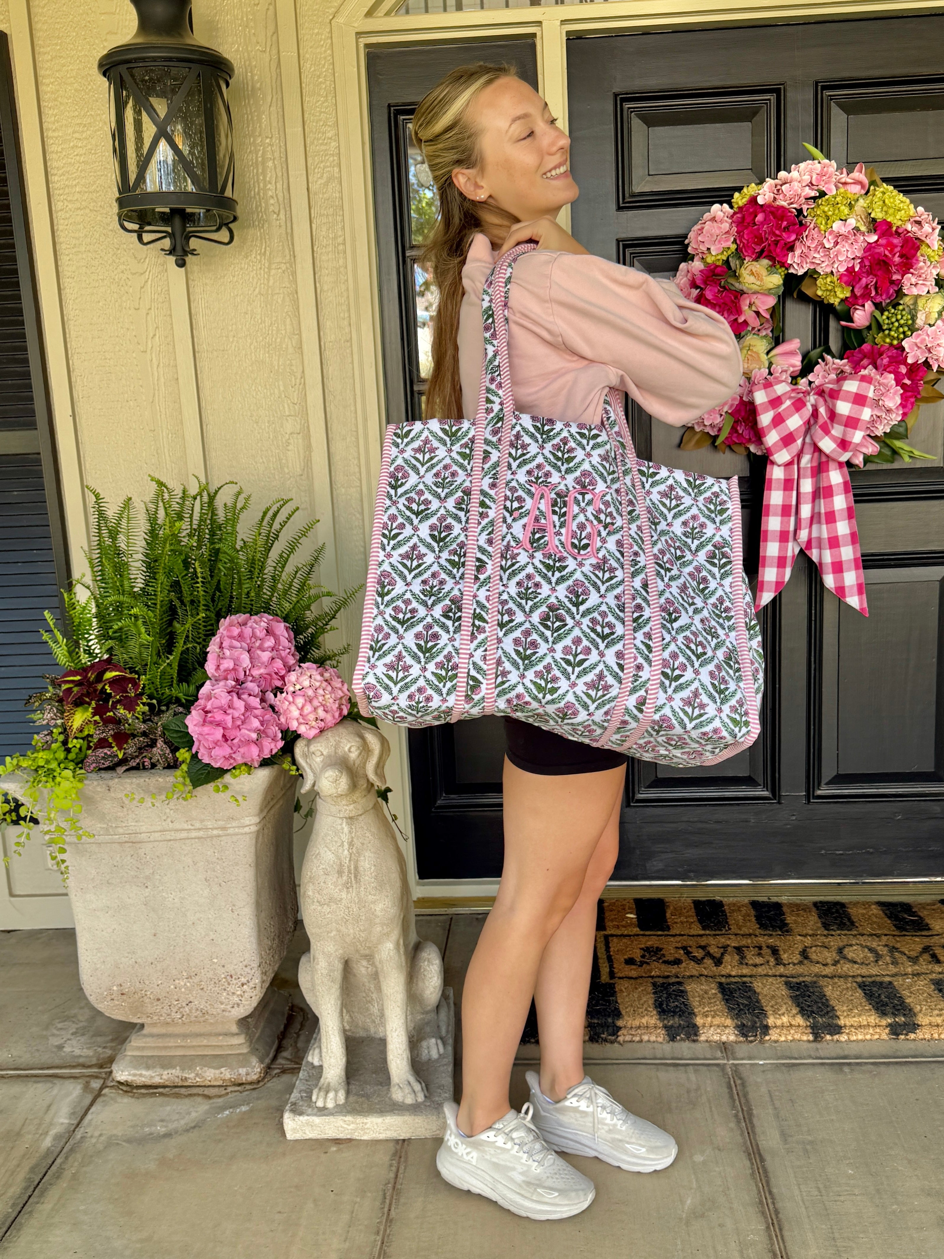 Pink and green quilted block print oversized tote bag monogram available