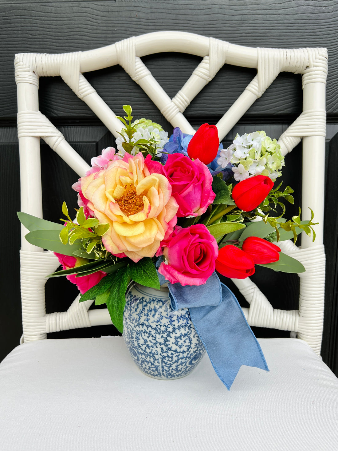 Faux flower drop-in bouquet arrangement, bright colors mixed floral