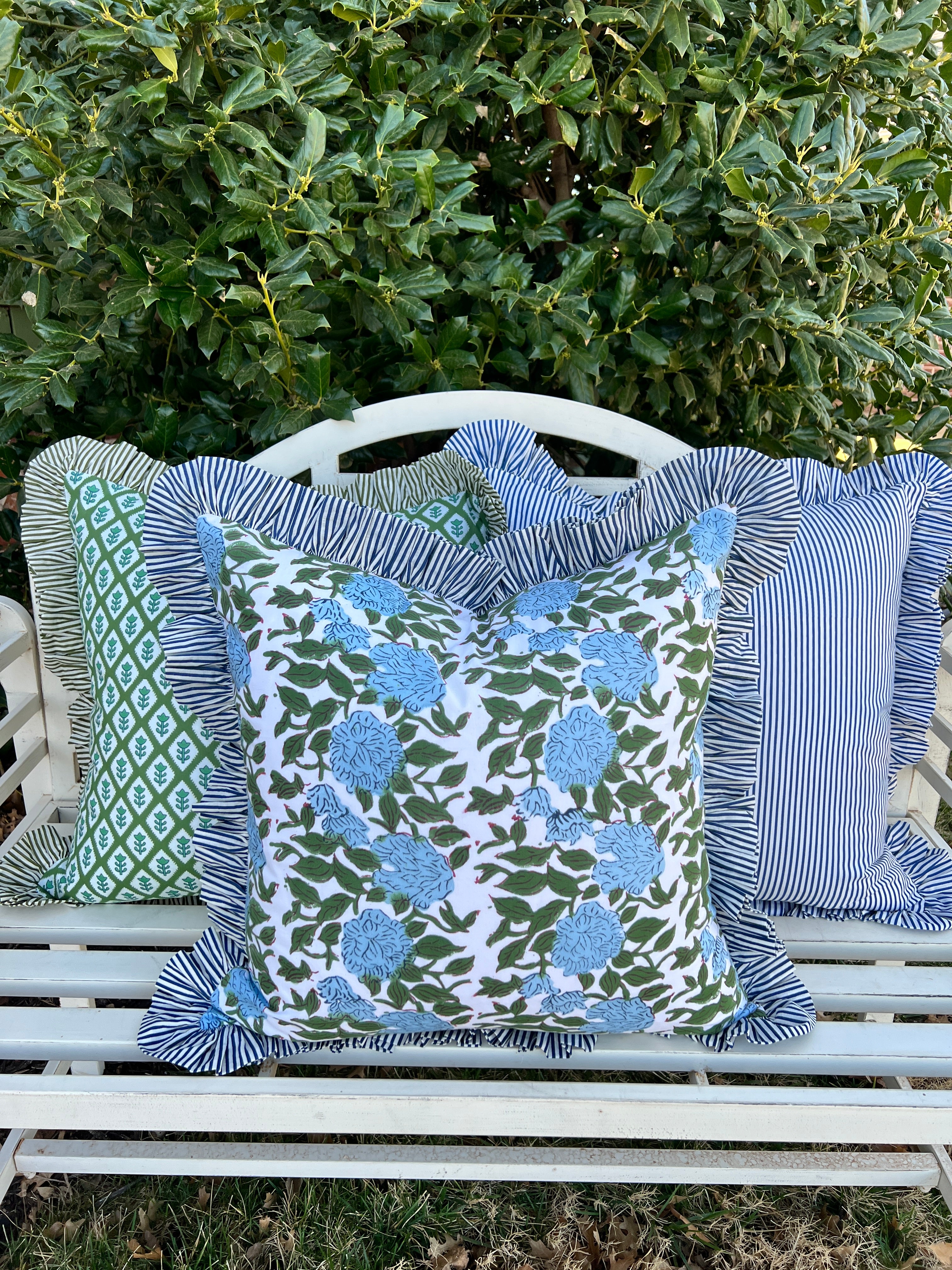 Blue and green floral block print pillow cover with ruffle trim