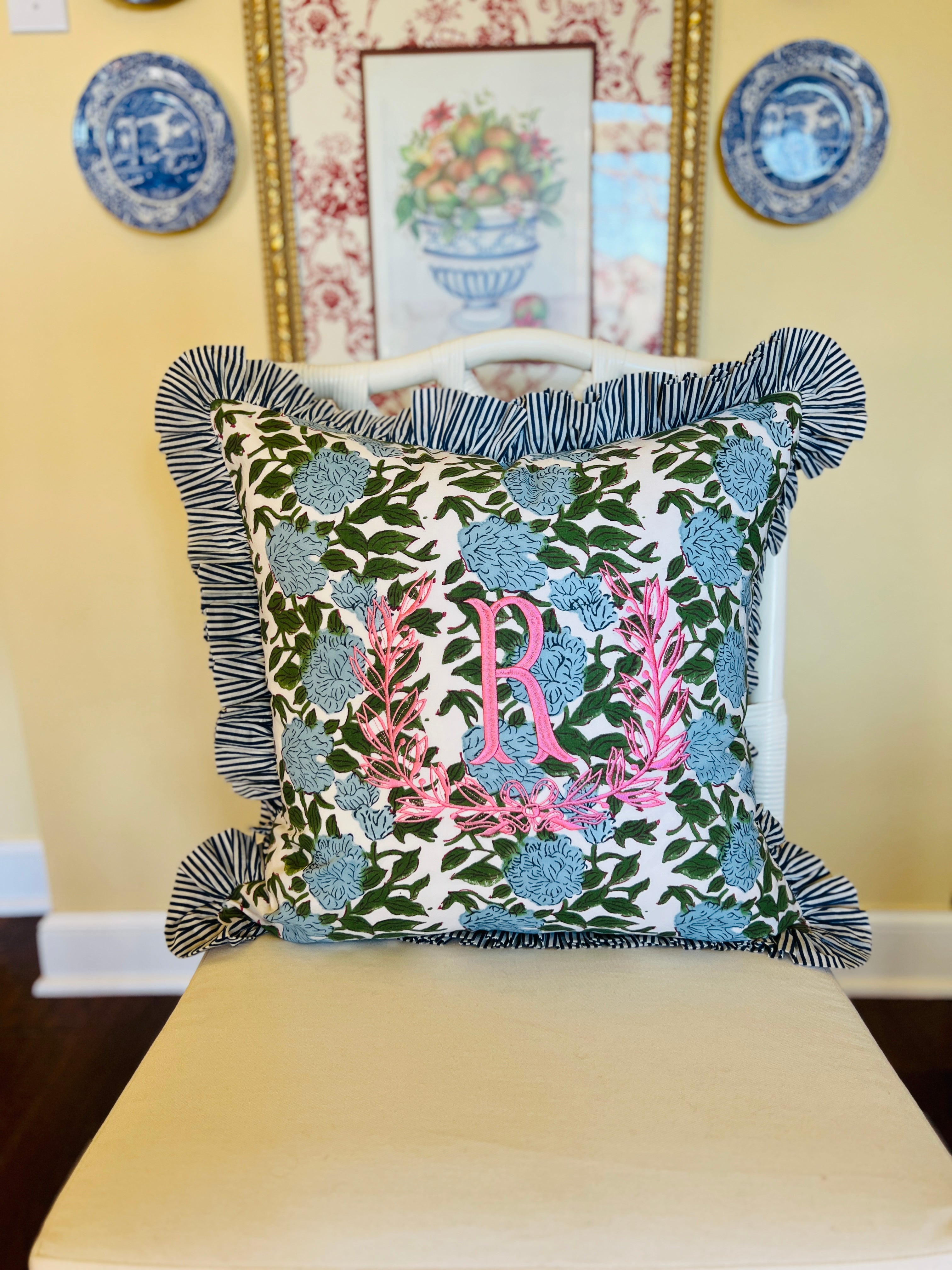 Blue and green floral block print pillow cover with ruffle trim
