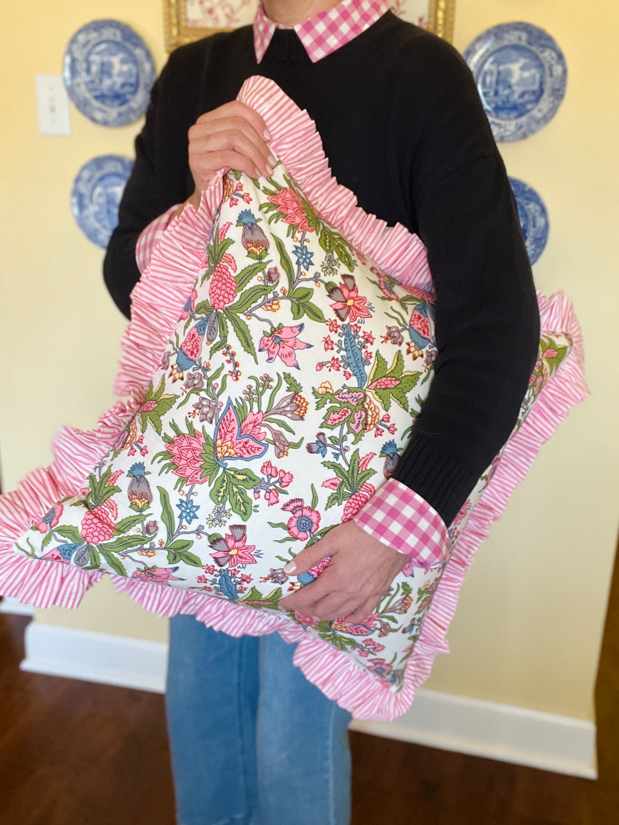 Gigi floral pillow cover with pink striped ruffle trim, 3 colors