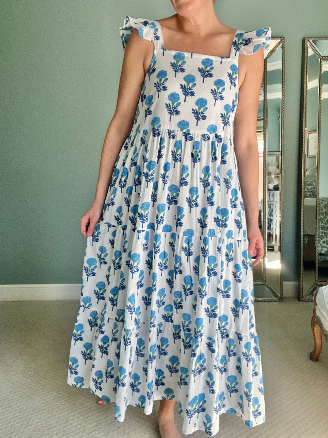 Blue and white blossom ruffle shoulder maxi sundress