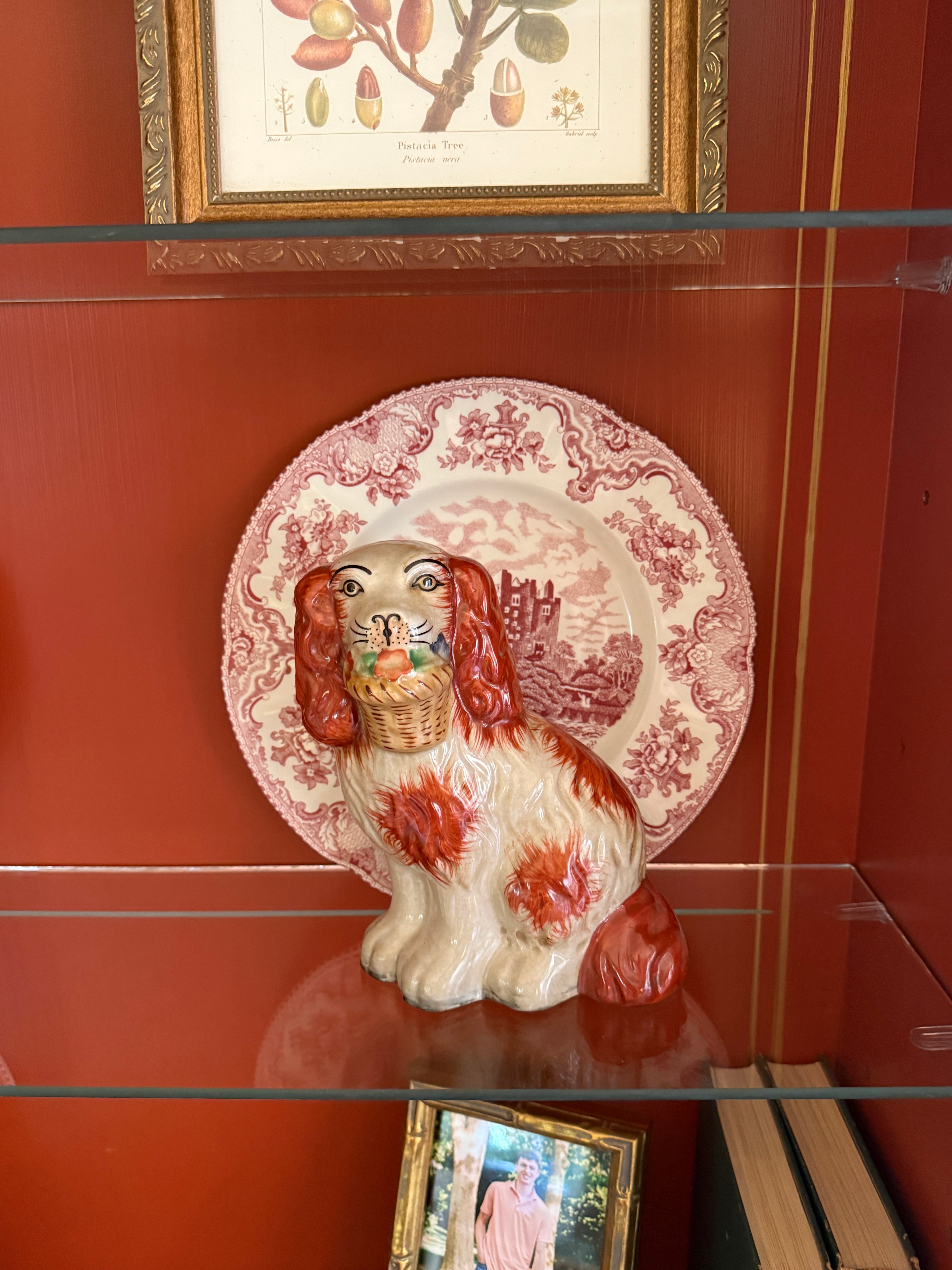 Staffordshire dog pair with flower baskets- rust