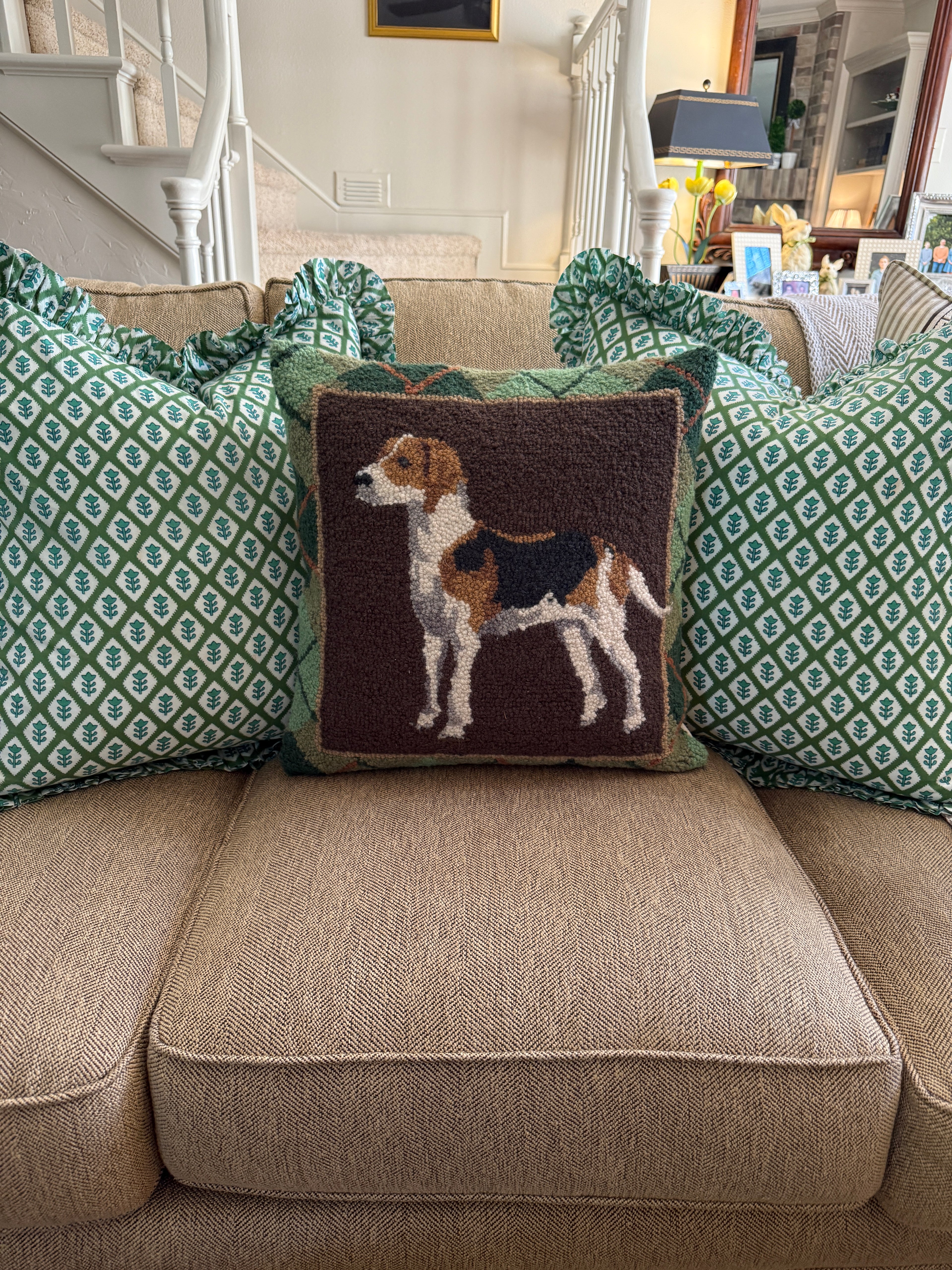 Hand hooked wool foxhound dog pillow