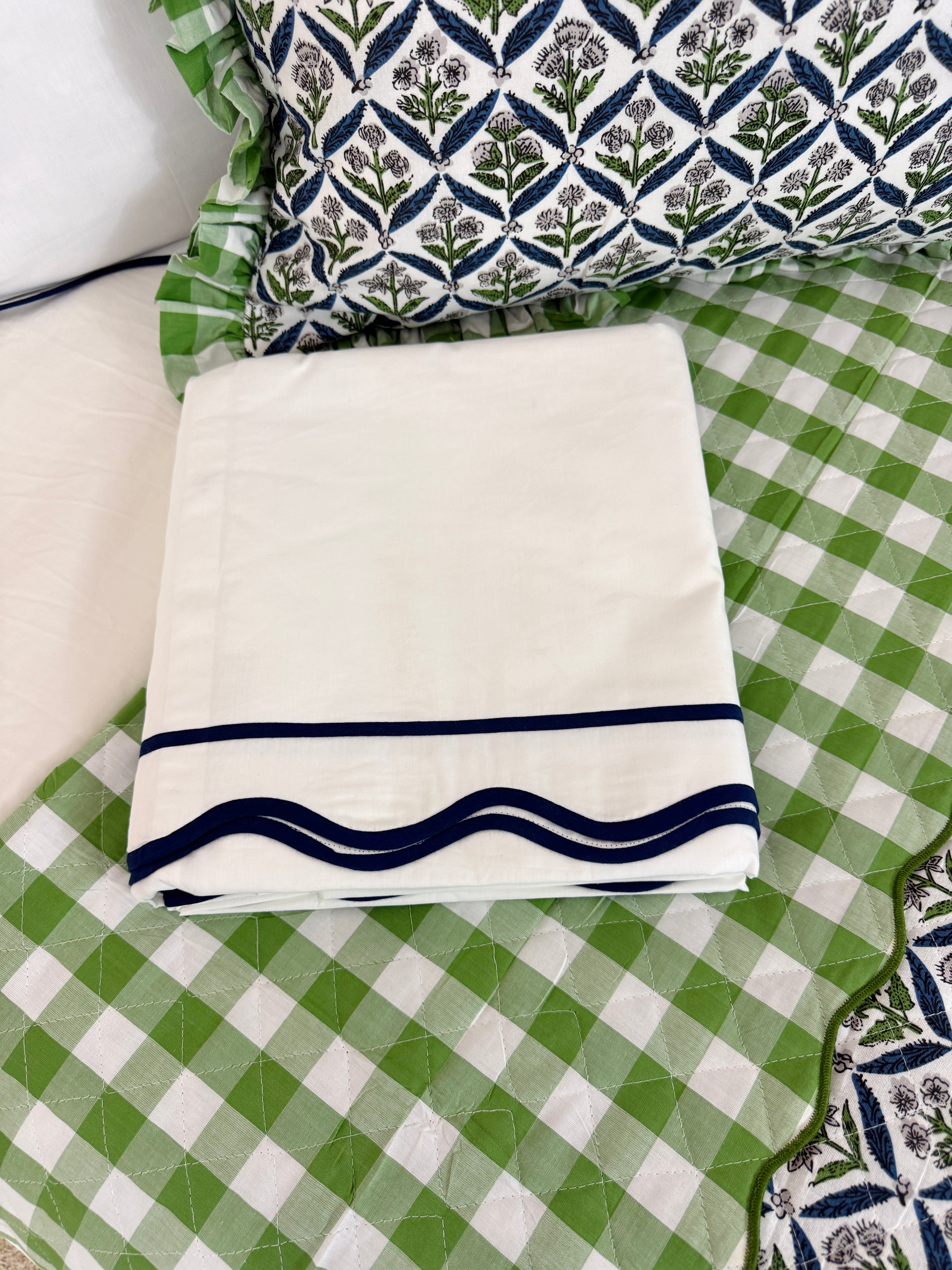 Blue and green floral trellis block print bedding collection