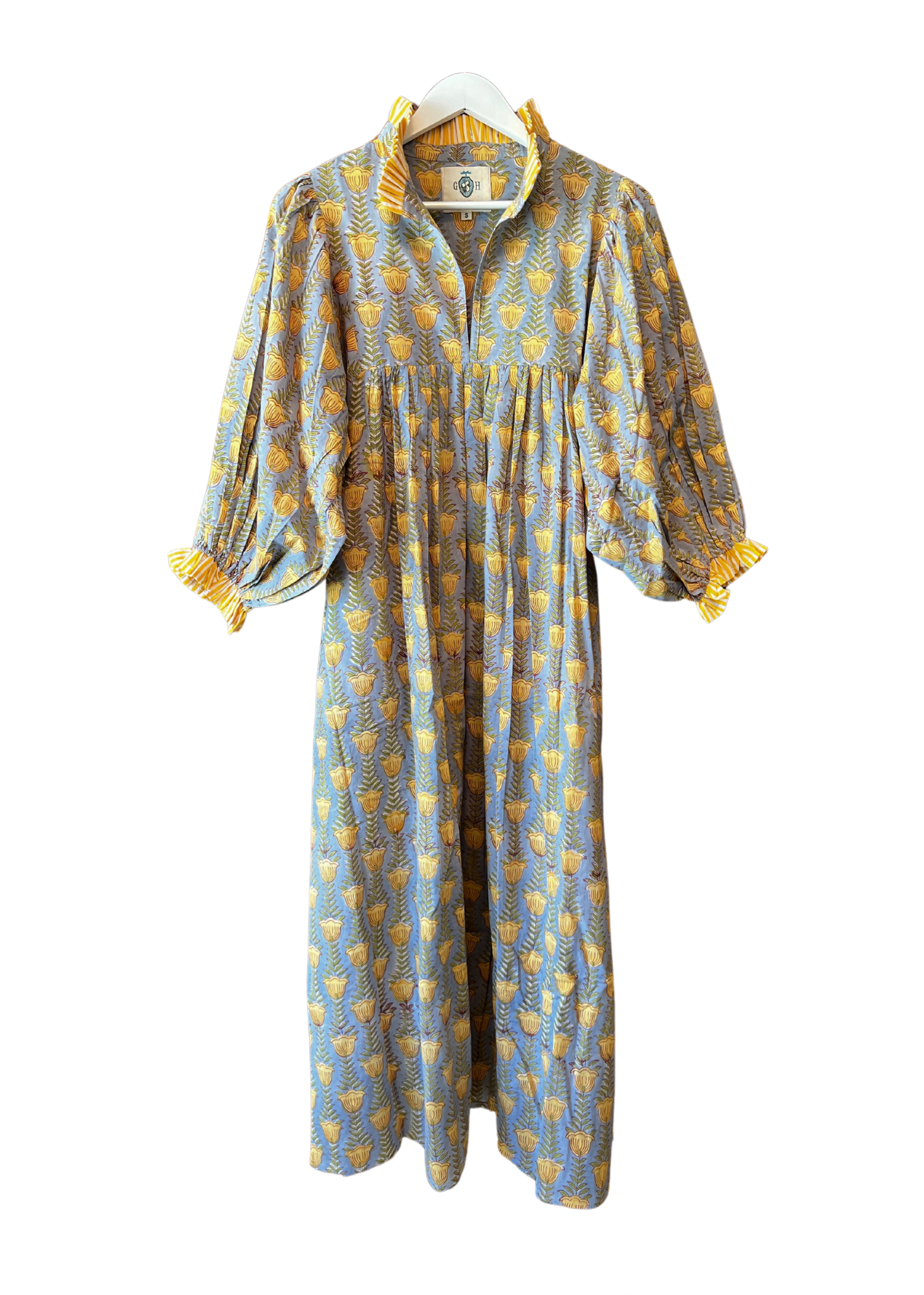 Lillie caftan maxi dress in blue and yellow buttercup block print
