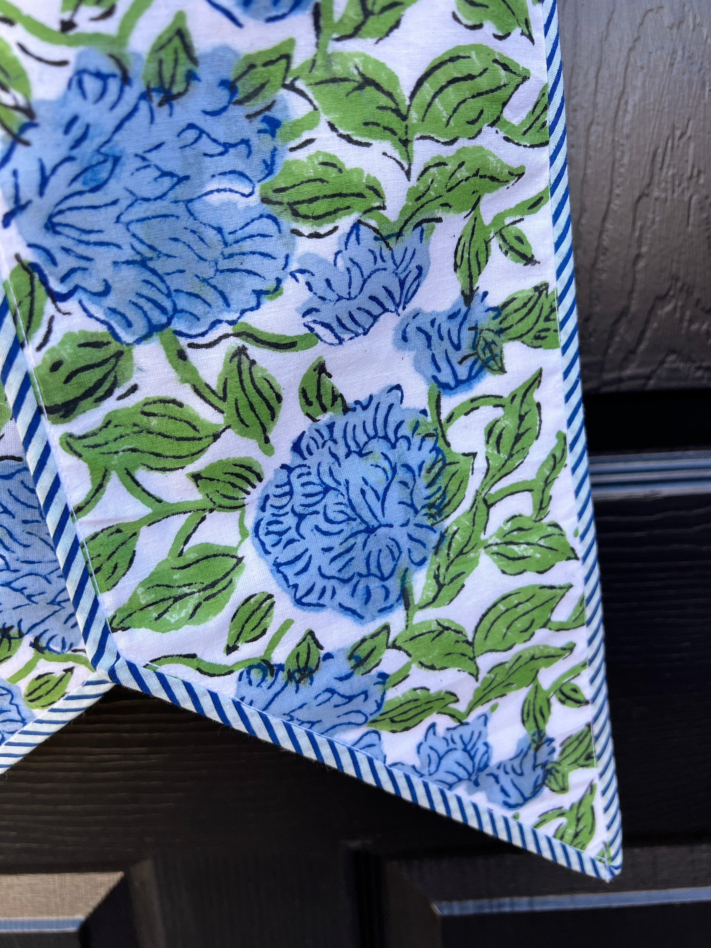Blue and green hydrangea block print floral wreath sash bow with blue striped piping, monogram available