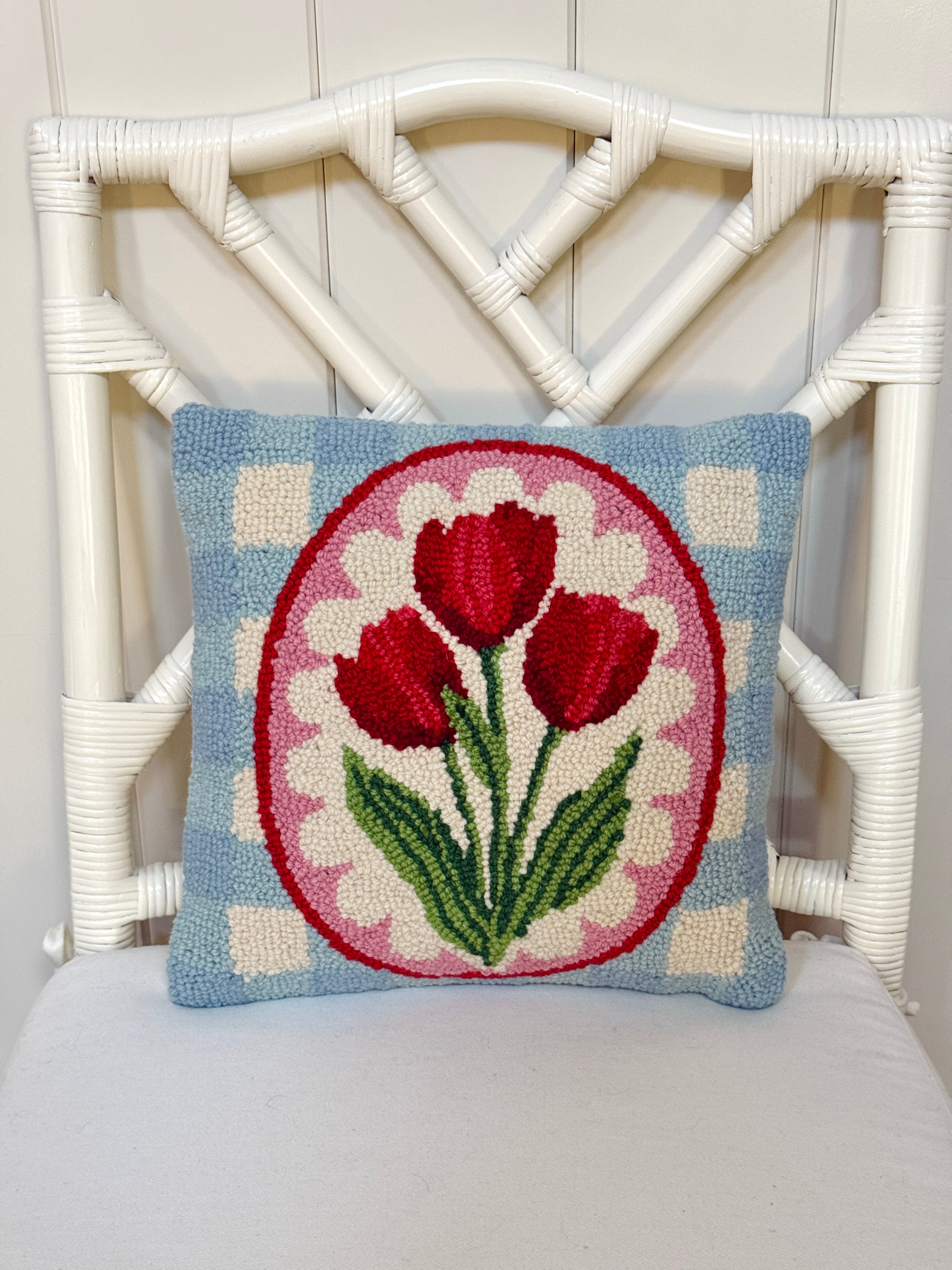 Red tulips and gingham hand hooked pillow