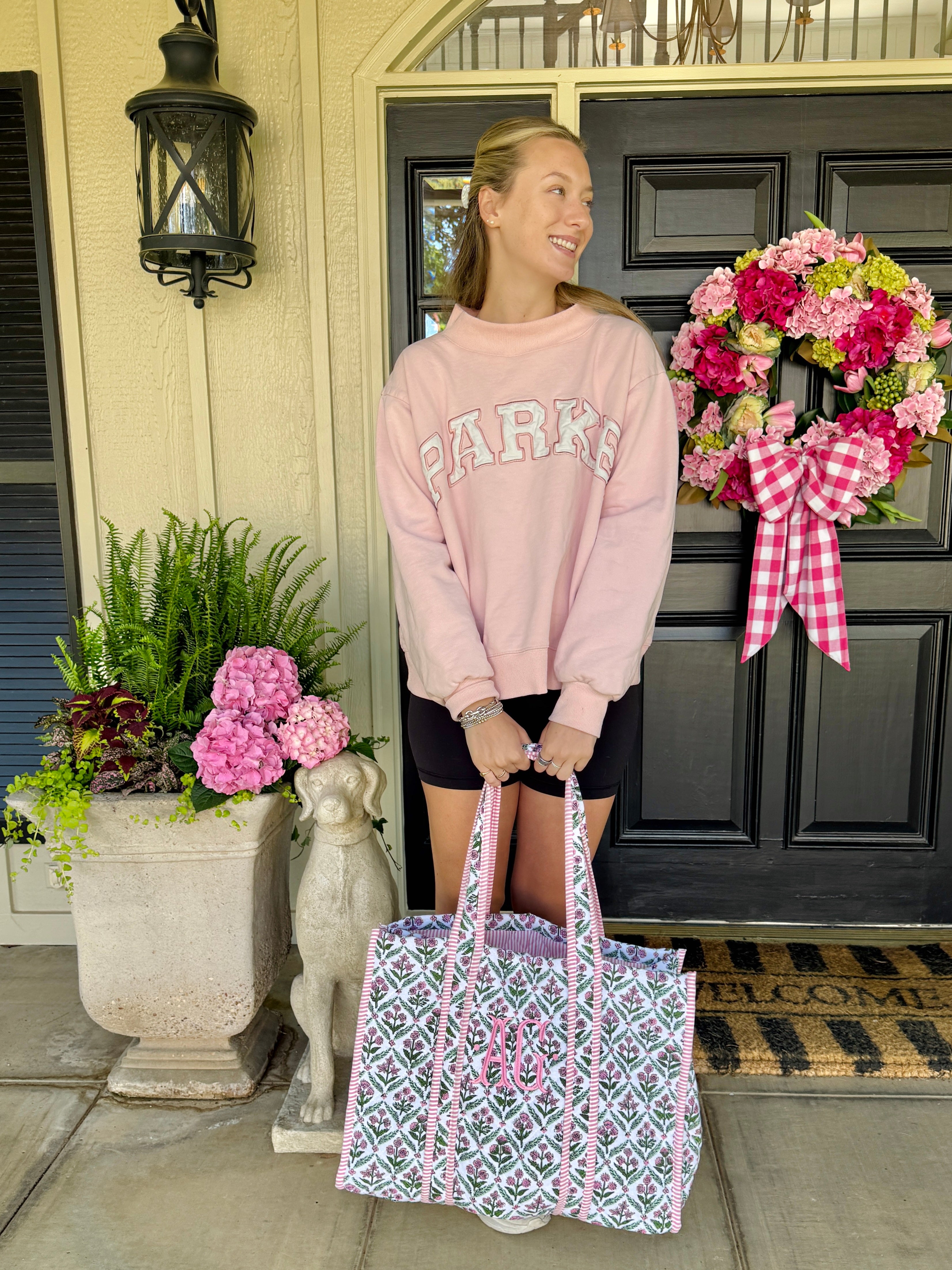 Pink and green quilted block print oversized tote bag monogram available
