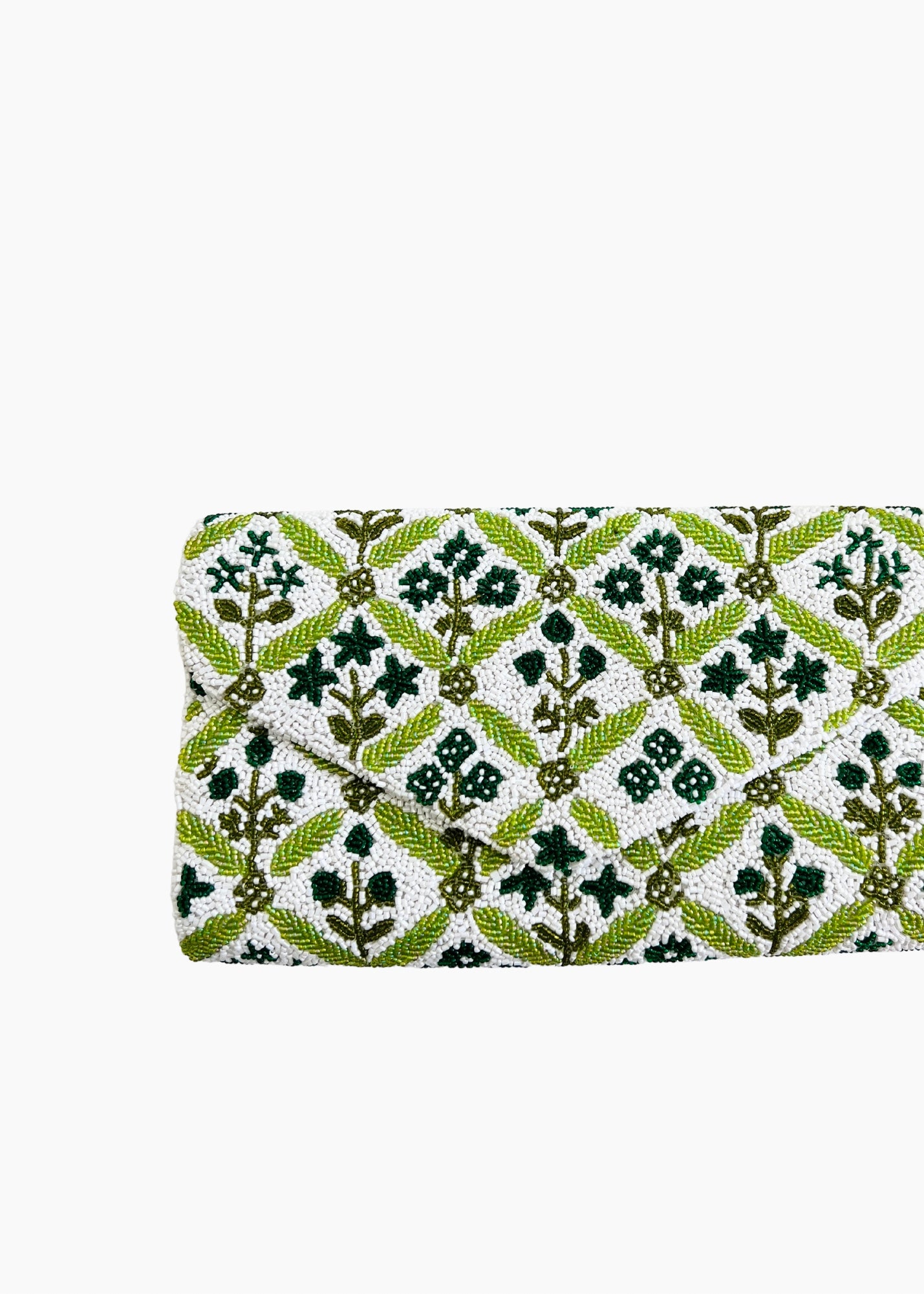 Hand beaded green and white block print floral trellis clutch