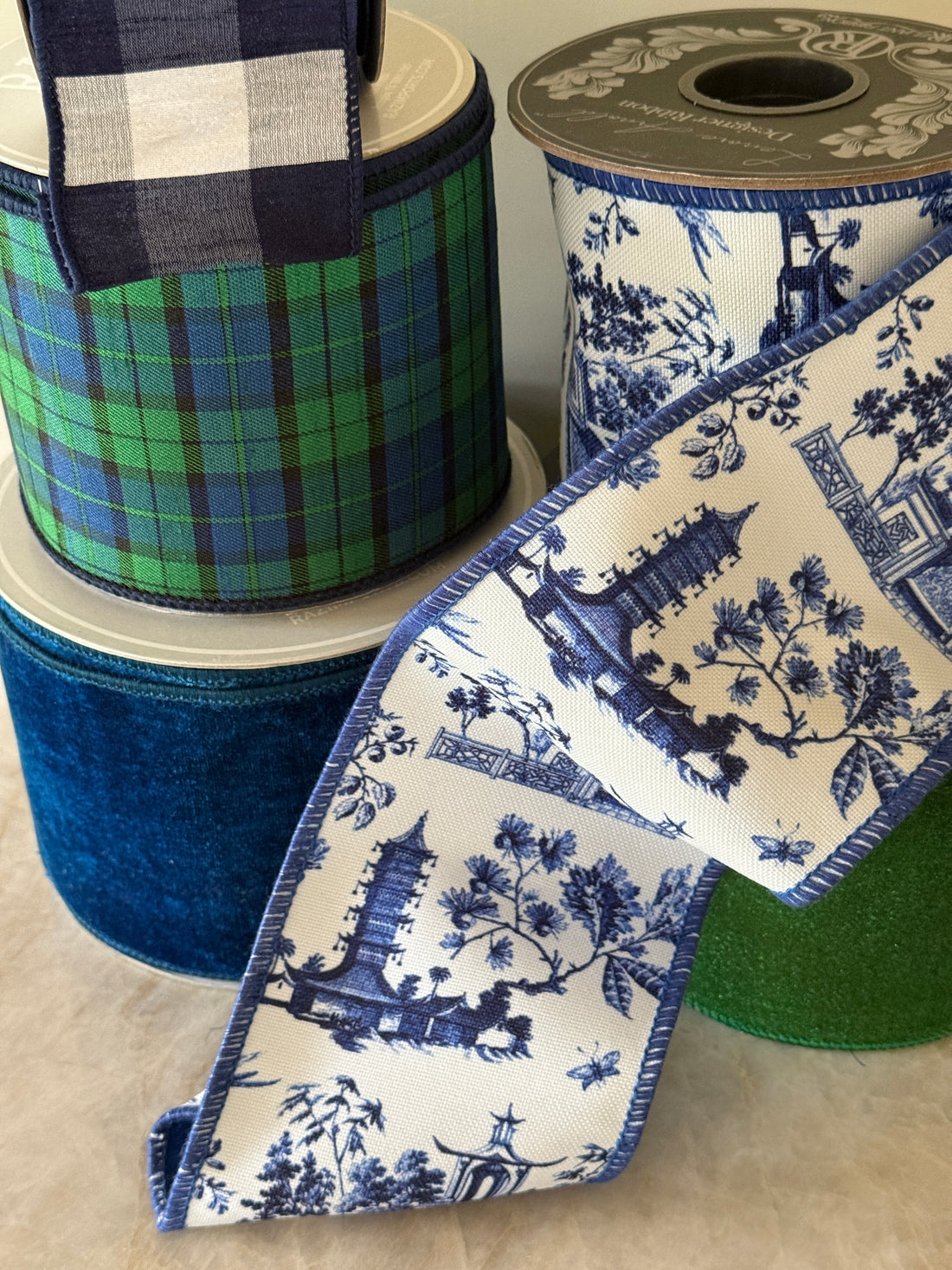 Blue and white chinoiserie ribbon by the roll, 4” wide by 5 yards