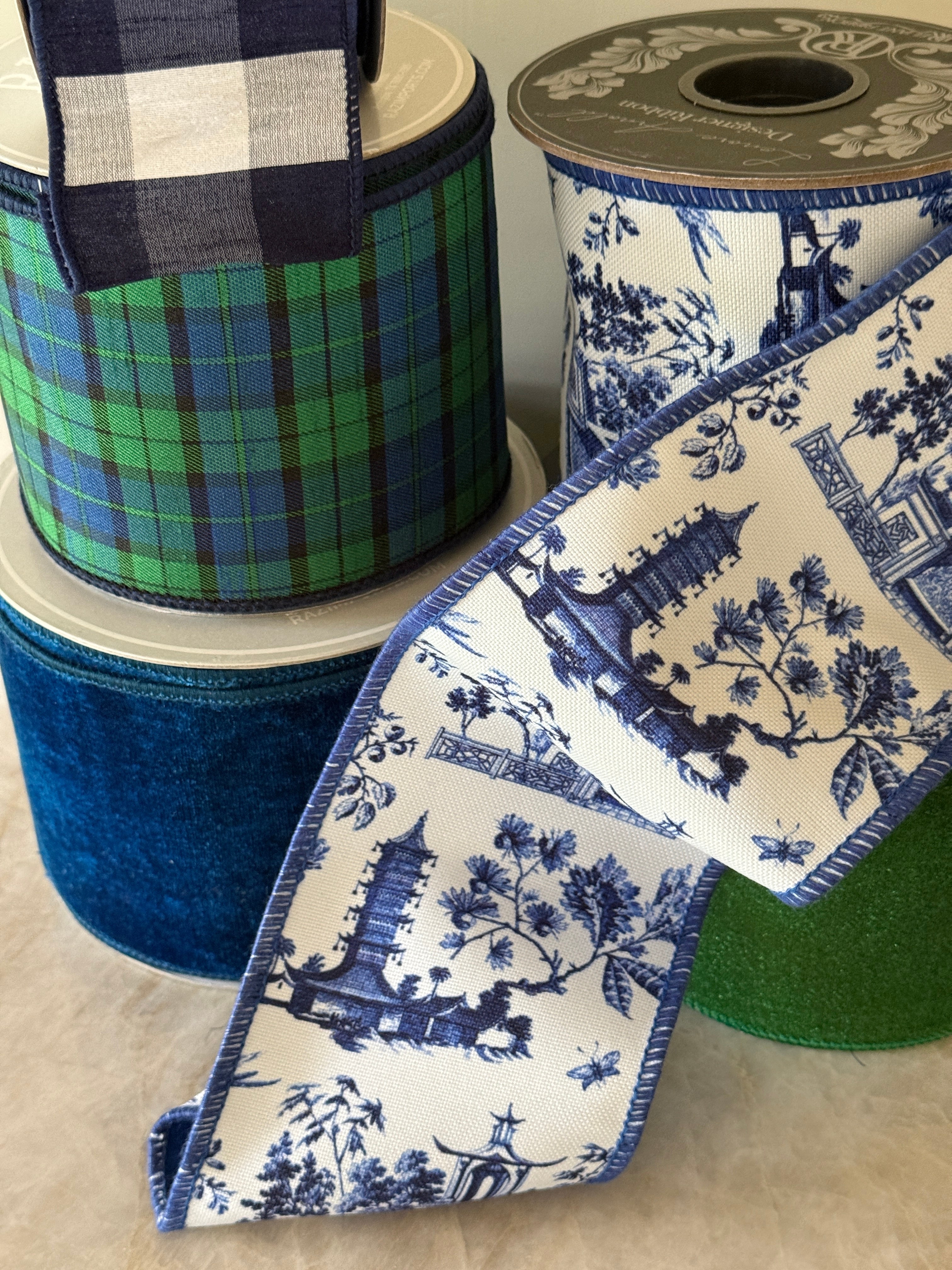 Blue and white chinoiserie ribbon by the roll, 4” wide by 5 yards