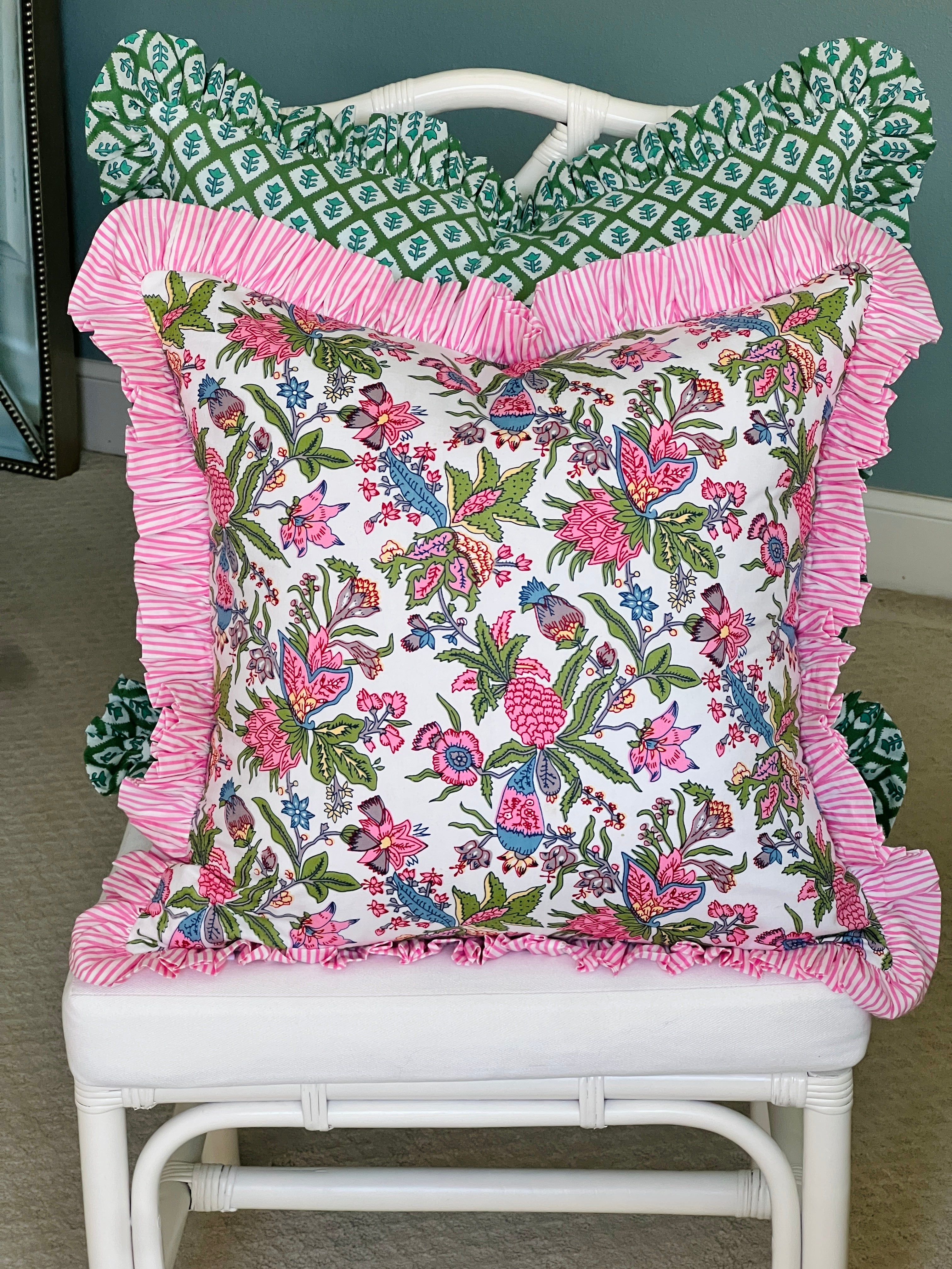 Gigi floral pillow cover with pink striped ruffle trim, 3 colors