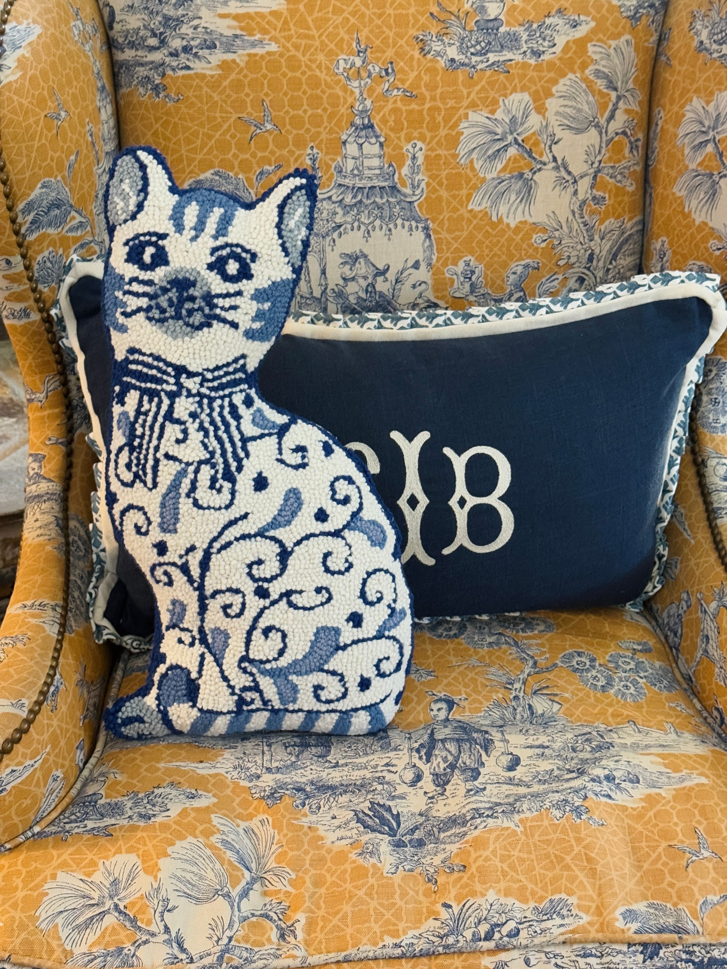 Blue and white chinoiserie cat pillow