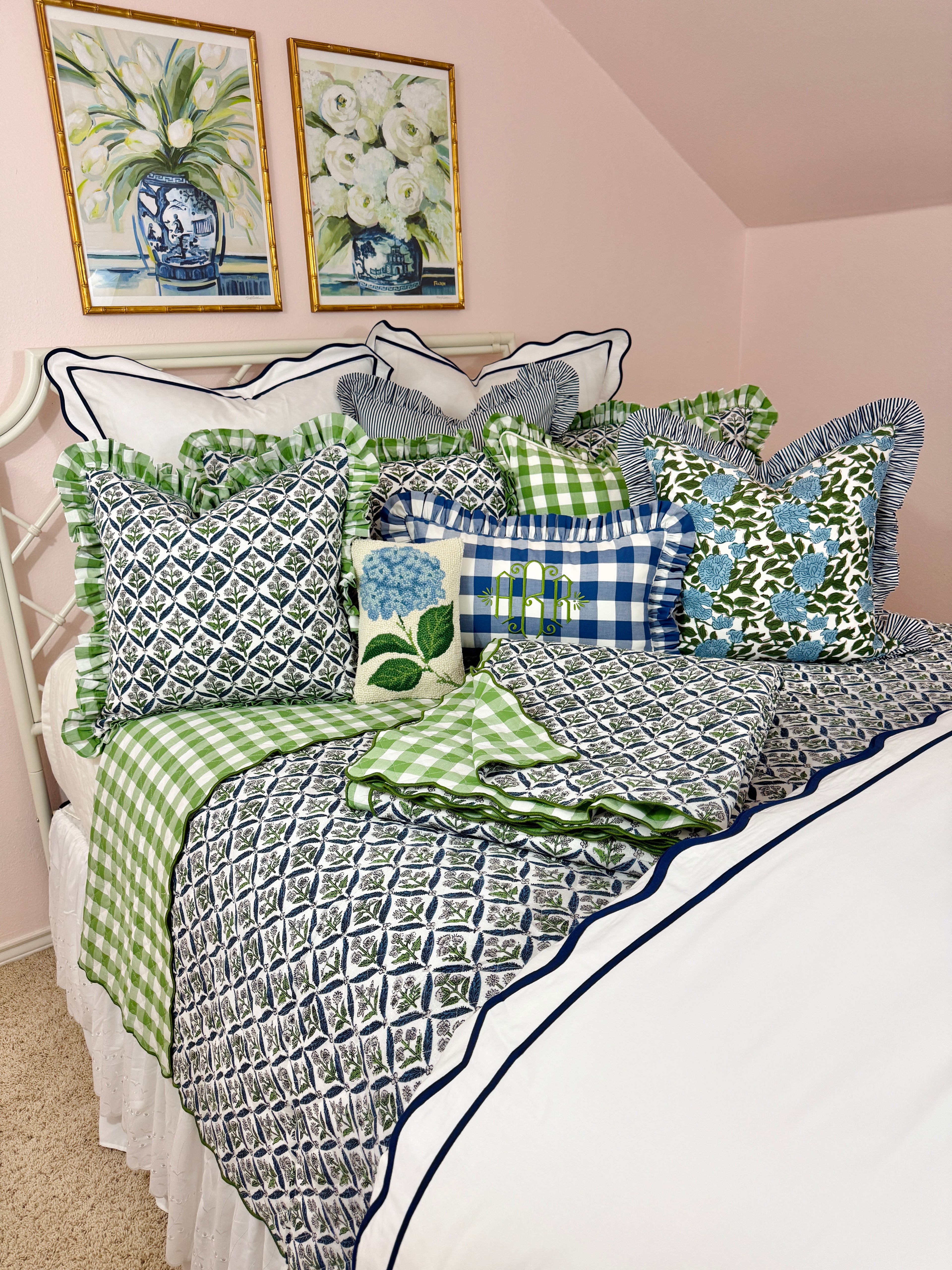 Blue and green floral trellis block print bedding collection