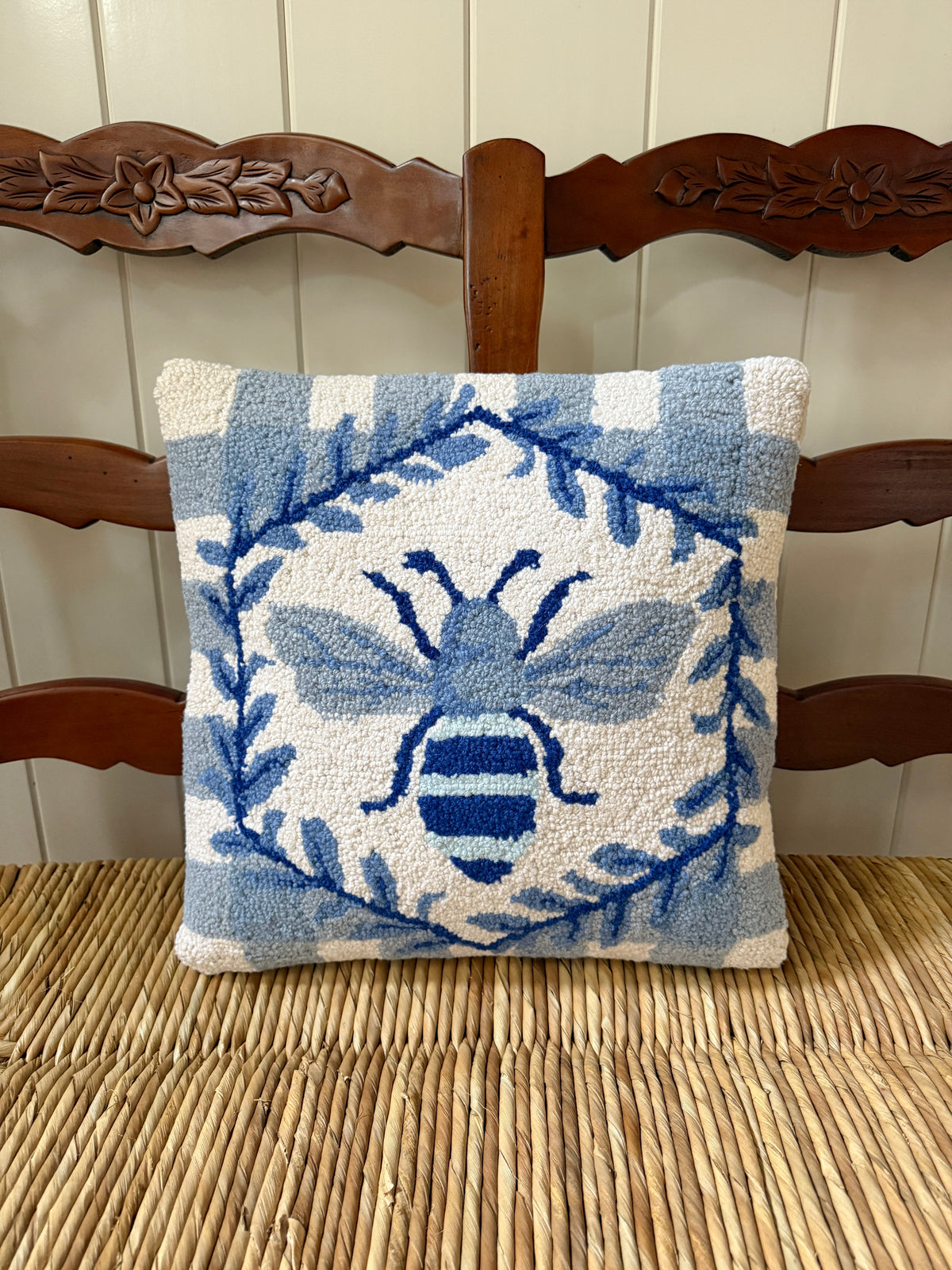 Blue and white bee and gingham hand hooked pillow