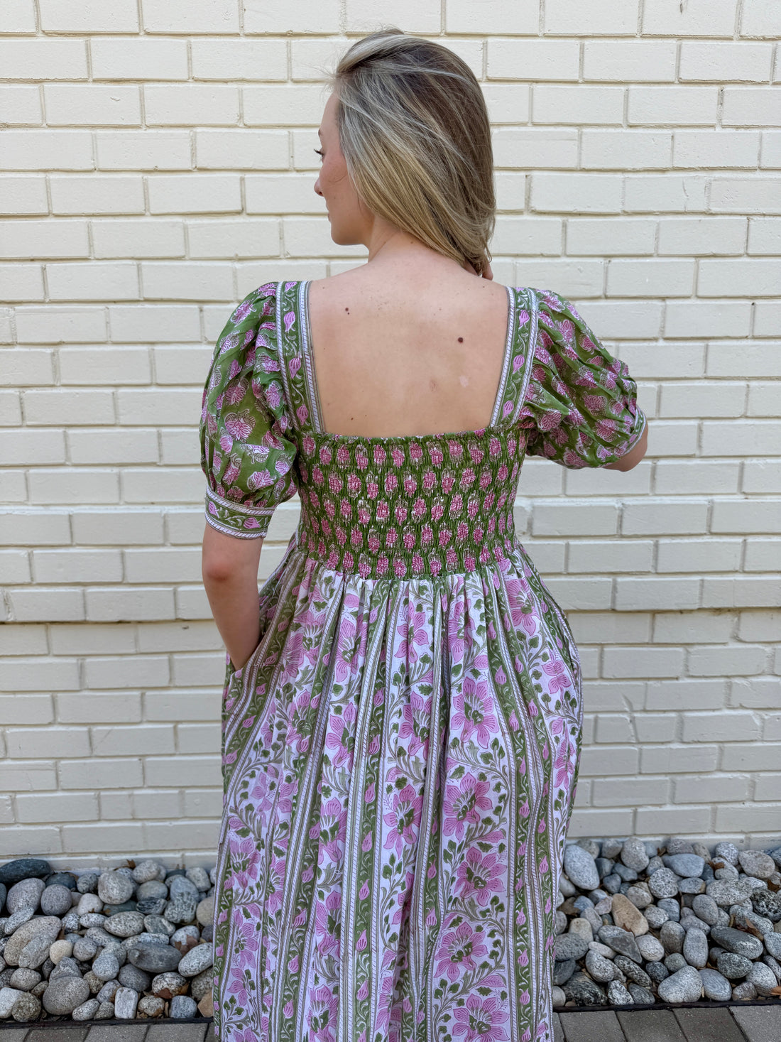 Lottie dress with puff sleeves in pink and green