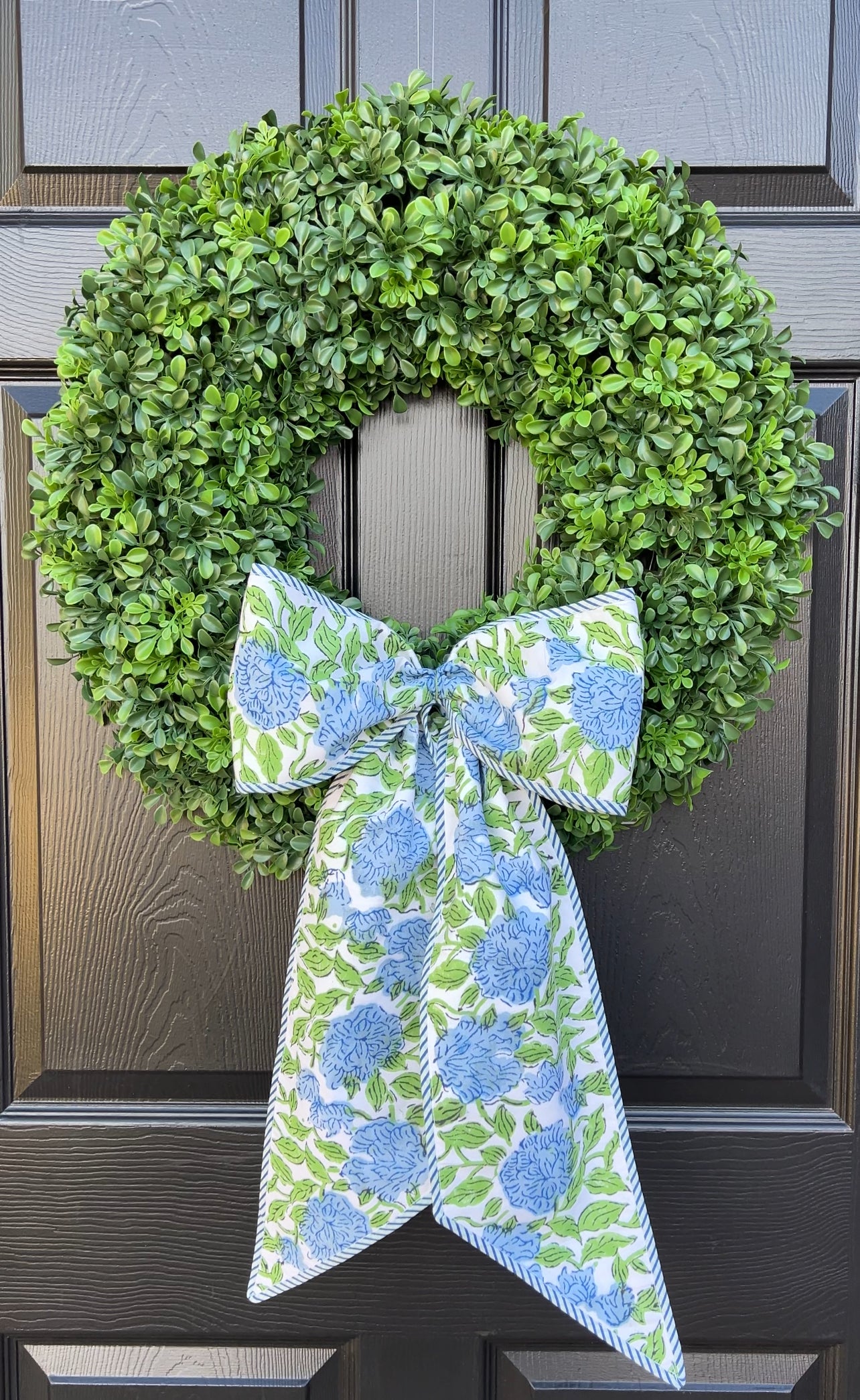 Blue and green hydrangea block print floral wreath sash bow with blue striped piping, monogram available